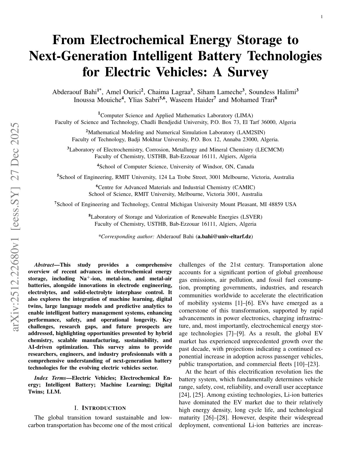 First page of From Electrochemical Energy Storage to Next-Generation Intelligent Battery Technologies for Electric Vehicles: A Survey