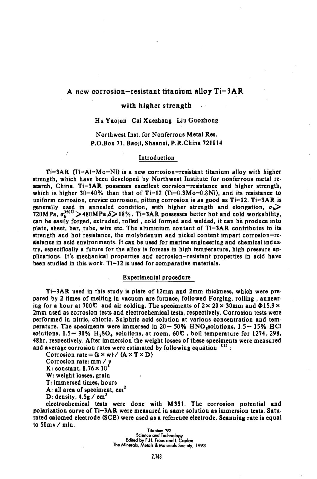 First page of 1992 Vol.3 1 A New Corrosion Resistant Titanium Alloy Hu Yaojun