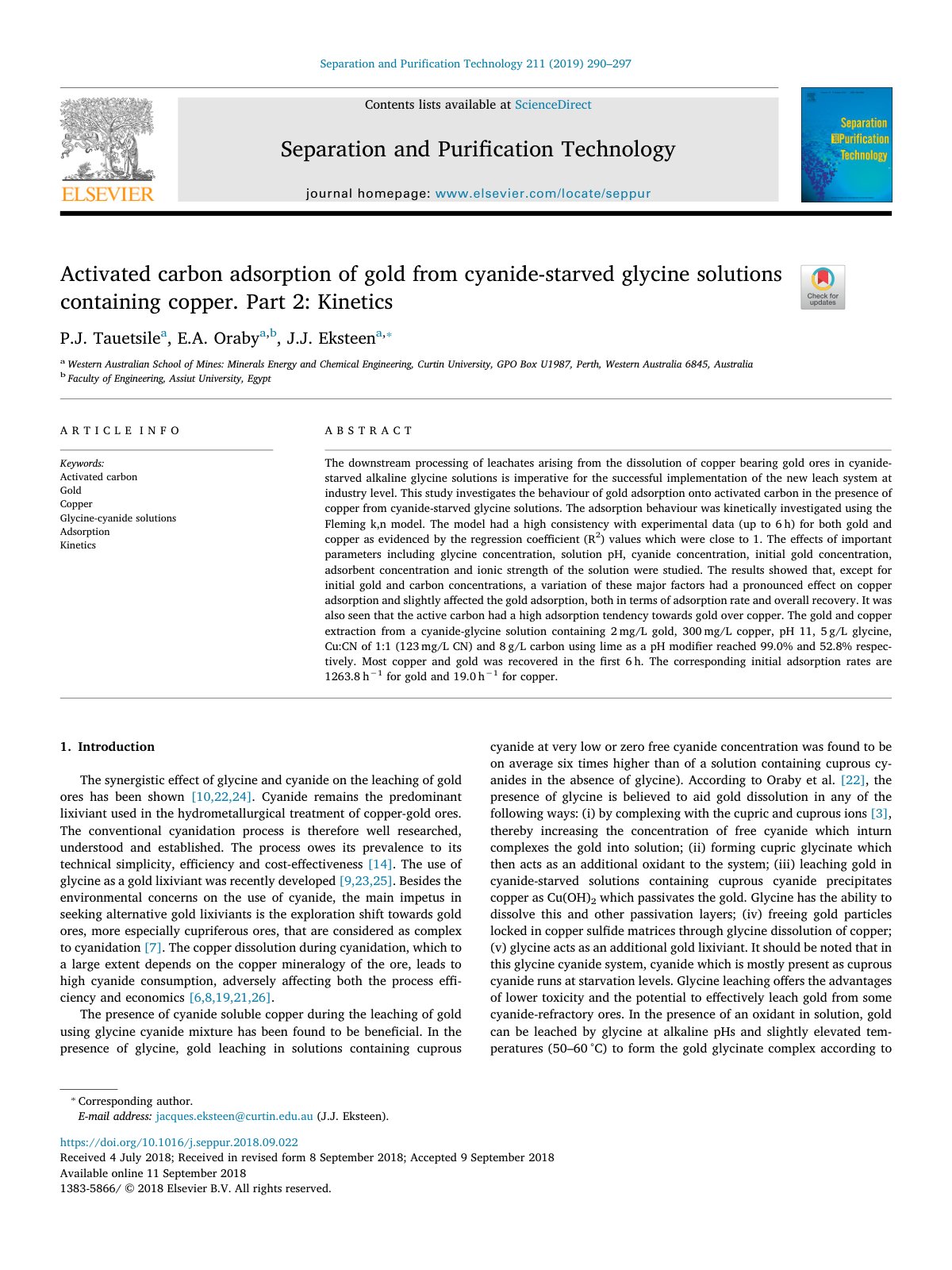 First page of Activated carbon adsorption of gold from cyanide-starved glycine solutions containing copper. Part 2: Kinetics