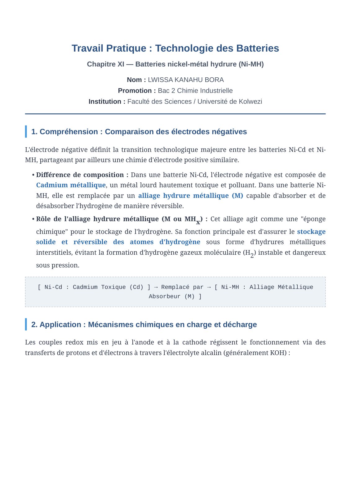 First page of Travail Pratique : Technologie des Batteries Chapitre XI — Batteries nickel-métal hydrure (Ni-MH)