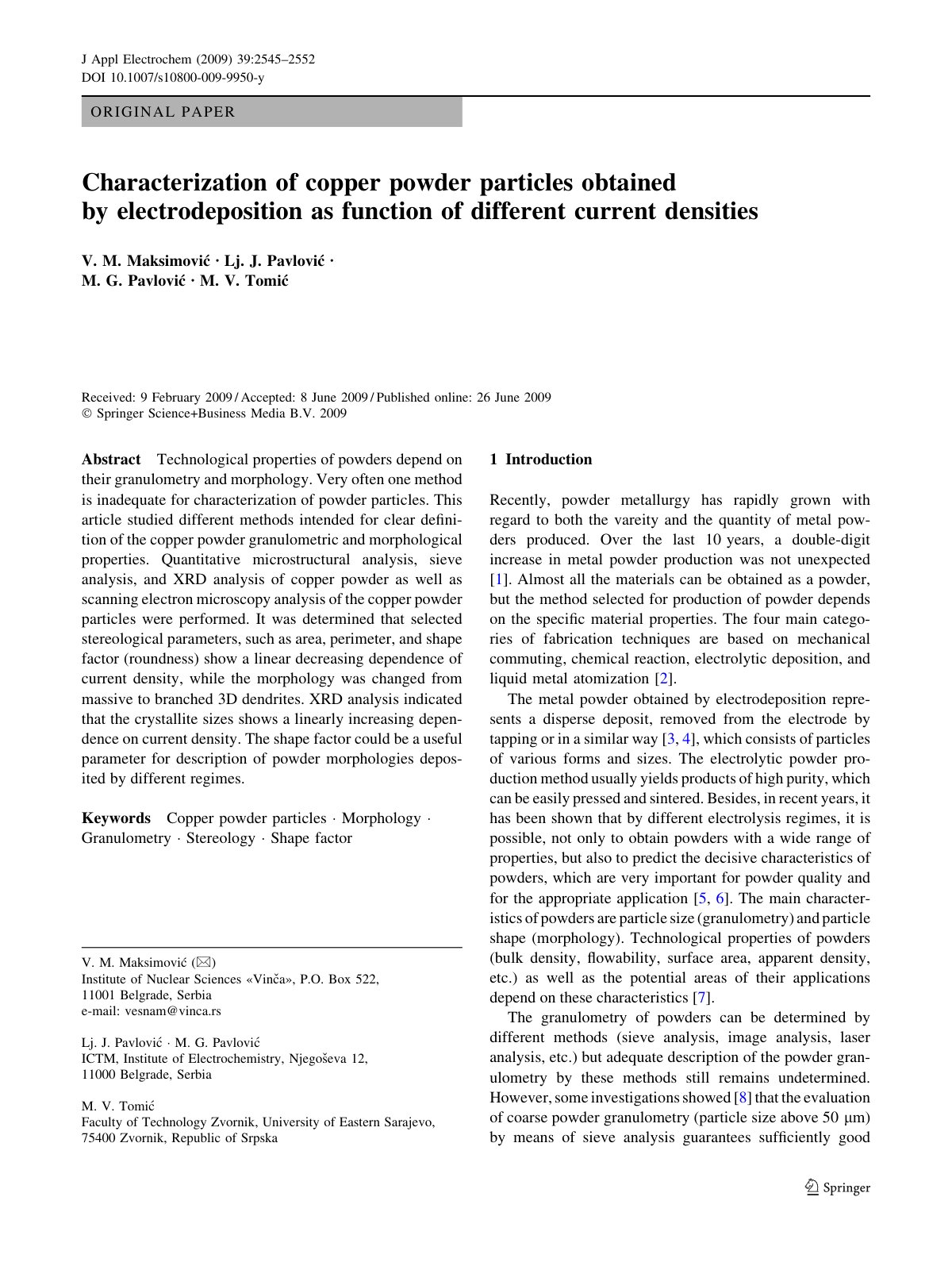 First page of Characterization of copper powder particles obtained by electrodeposition as function of different current densities