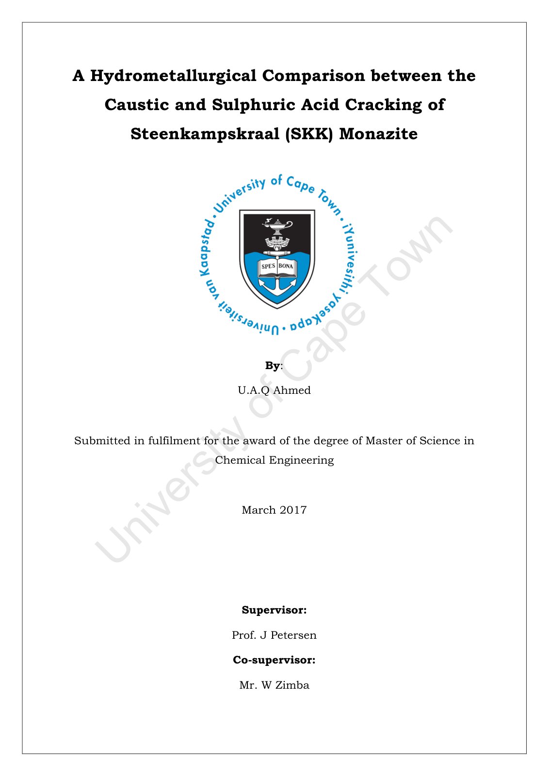 First page of A Hydrometallurgical Comparison between the Caustic and Sulphuric Acid Cracking of Steenkampskraal (SKK) Monazite