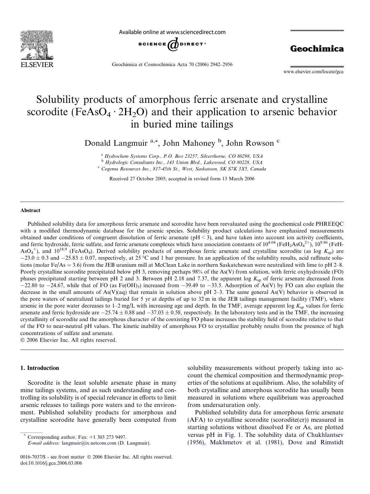 First page of Solubility products of amorphous ferric