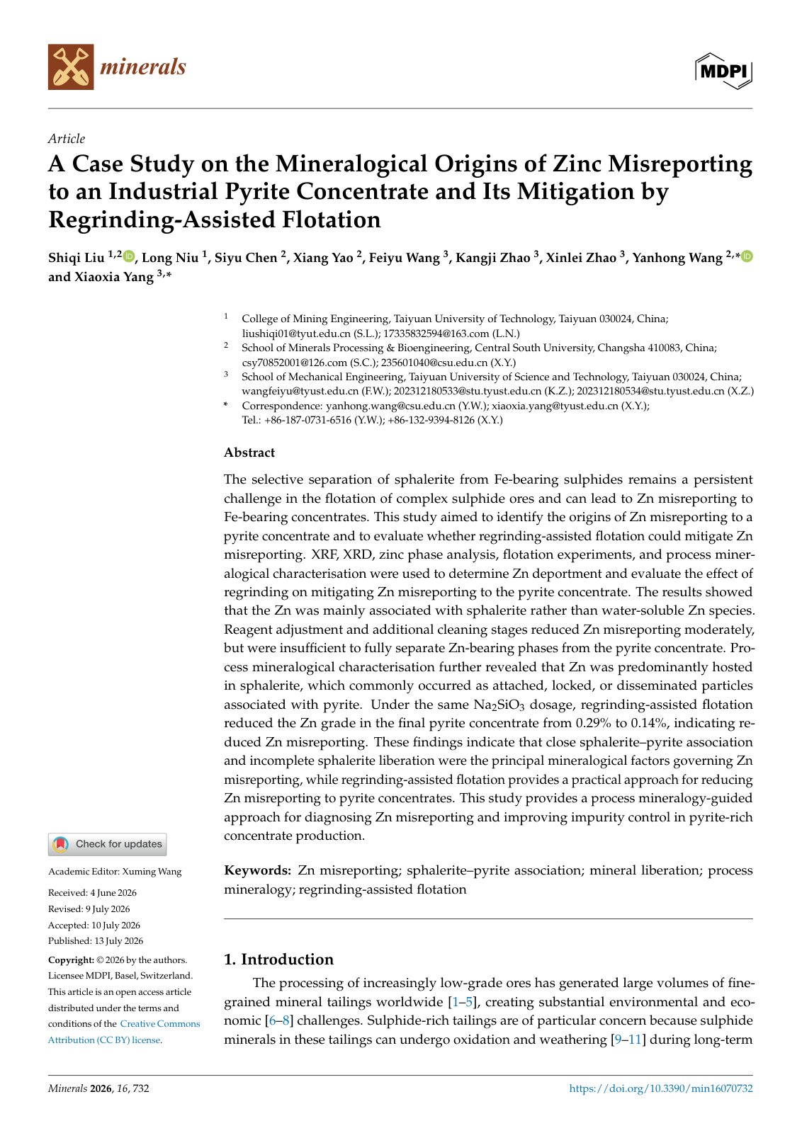 First page of A Case Study on the Mineralogical Origins of Zinc Misreporting to an Industrial Pyrite Concentrate and Its Mitigation by Regrinding-Assisted Flotation