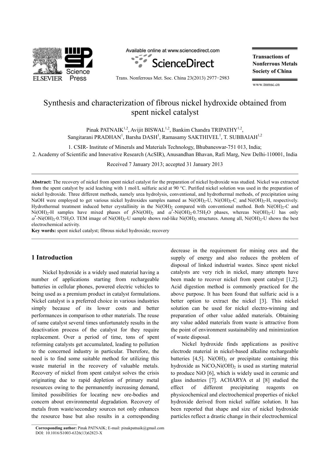 First page of Synthesis and characterization of fibrous nickel hydroxide obtained from spent nickel catalyst