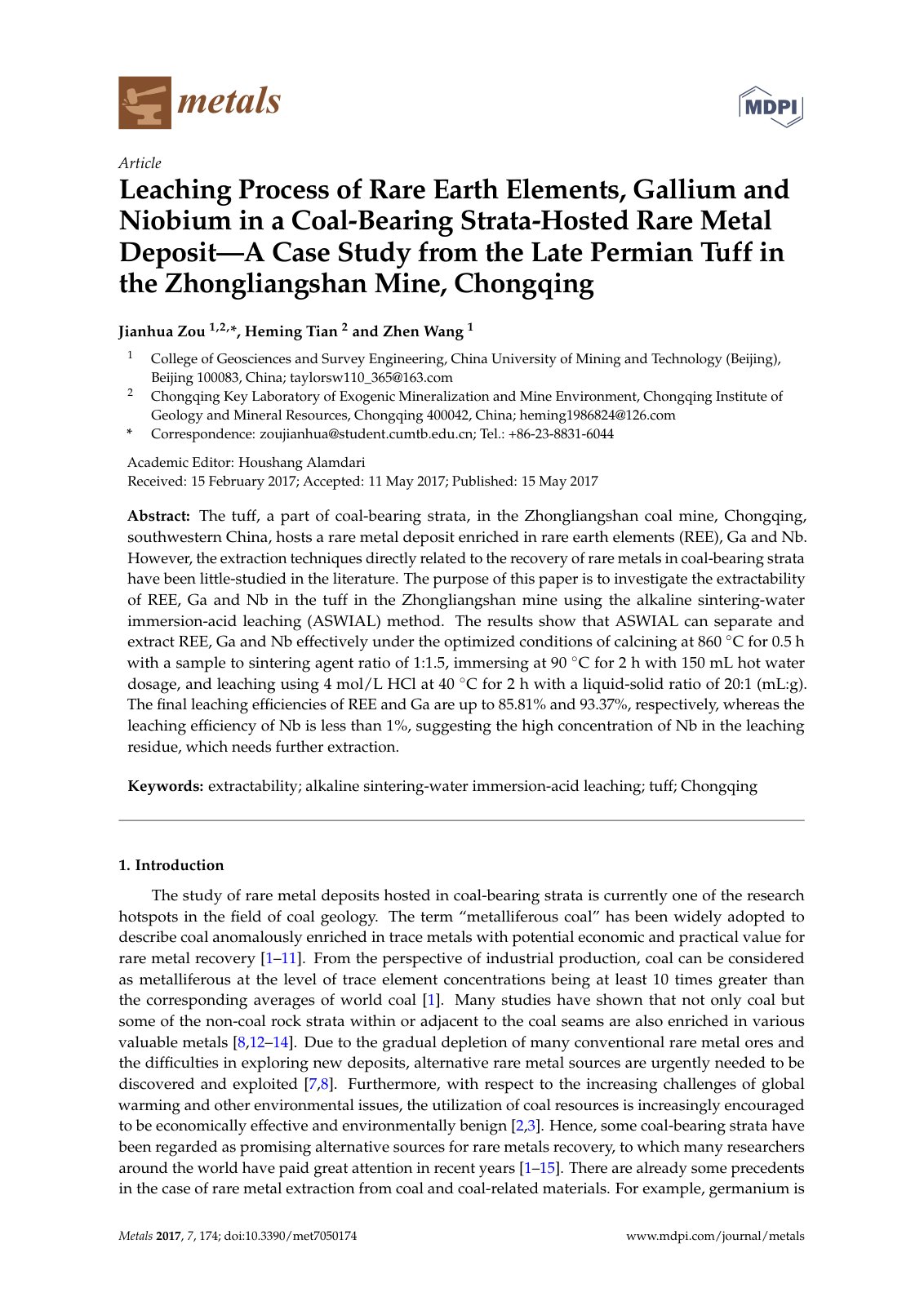 First page of 2017   Zou   Rare metal recovery from coal bearing tuff