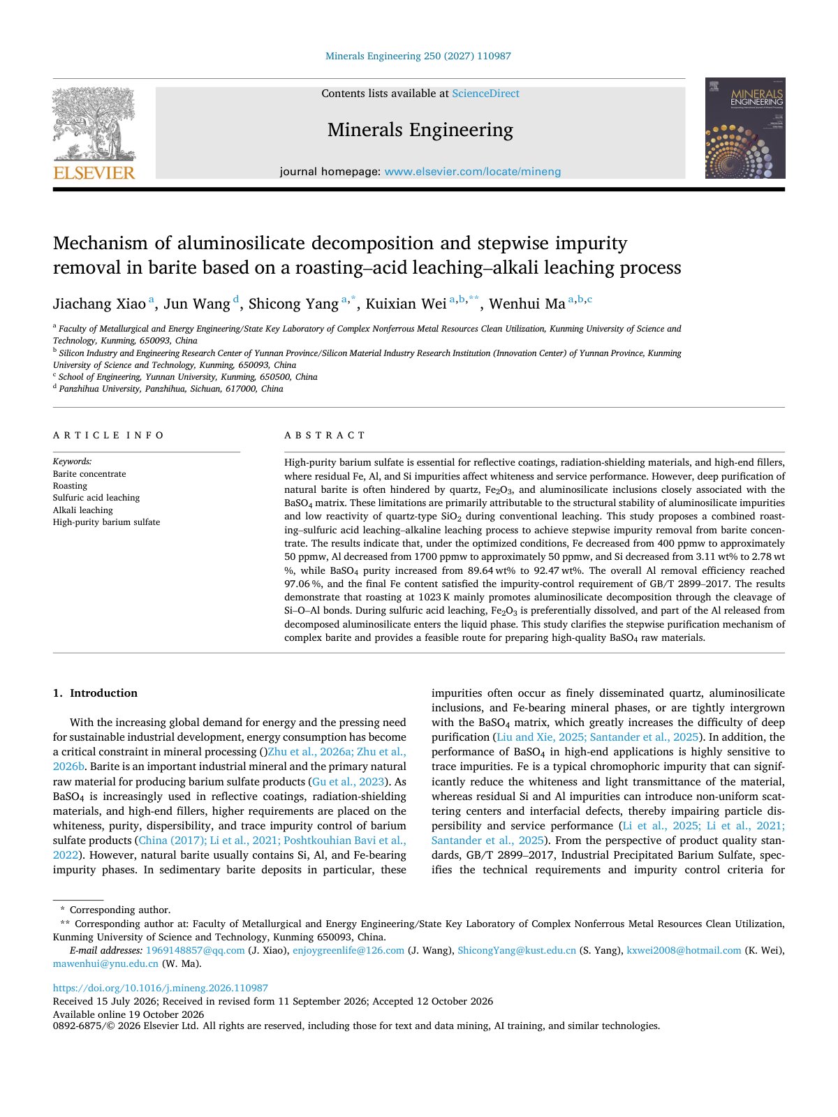 First page of Mechanism of aluminosilicate decomposition and stepwise impuri 2027 Minerals