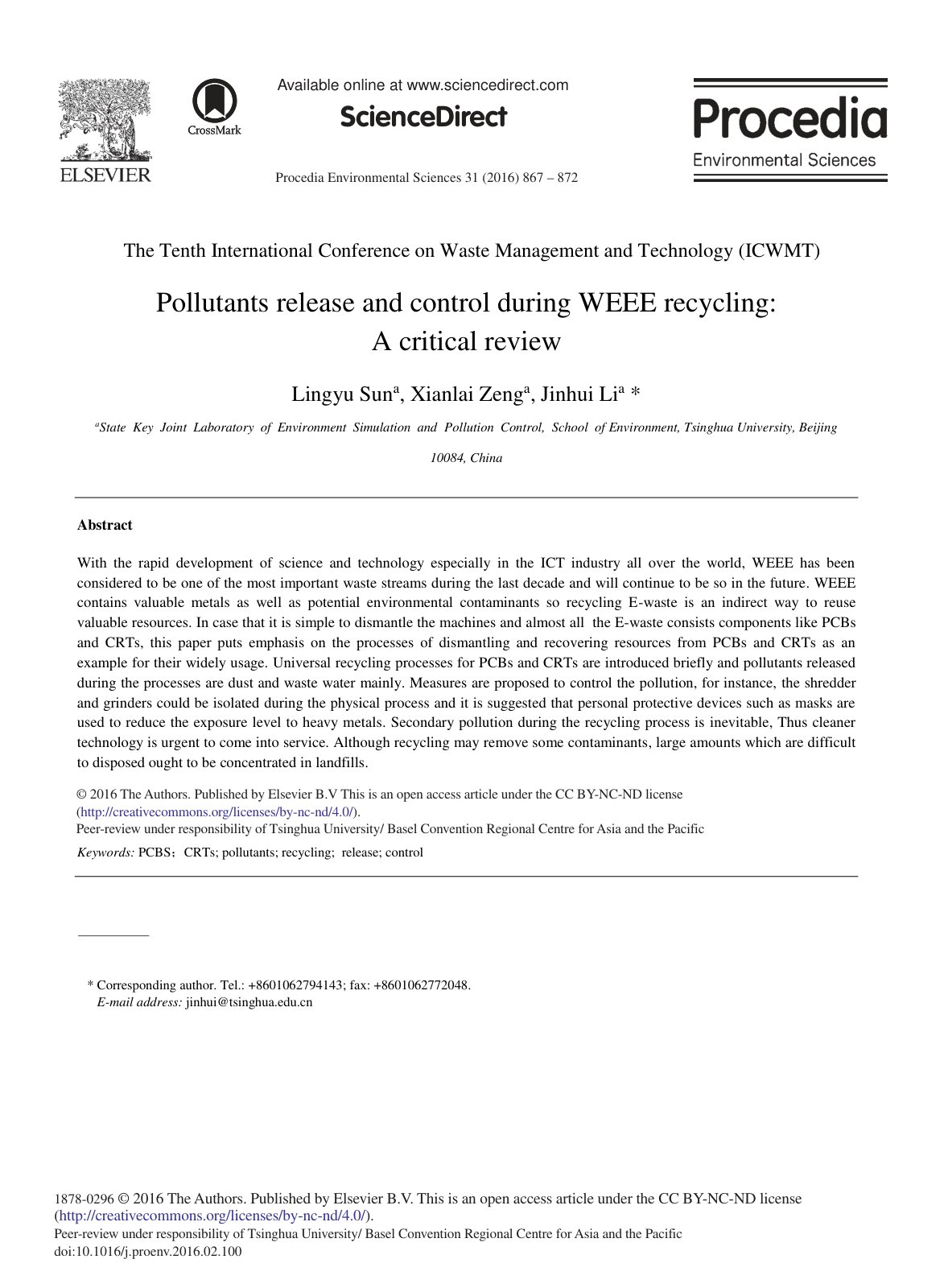 First page of Pollutants Release and Control during WEEE Recycl 2016 Procedia Environmenta