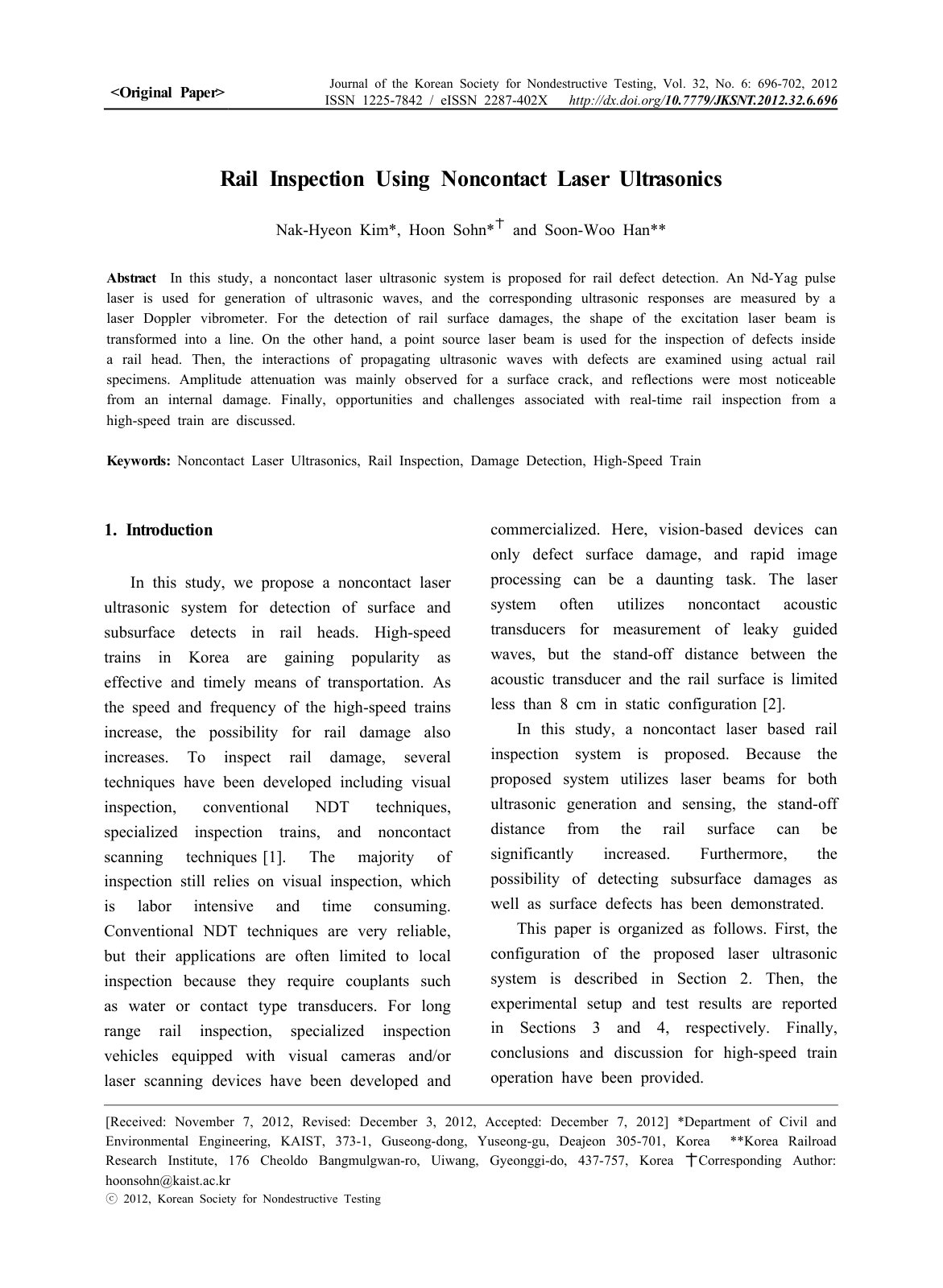First page of Rail Inspection Using Noncontact Laser Ultrasonics