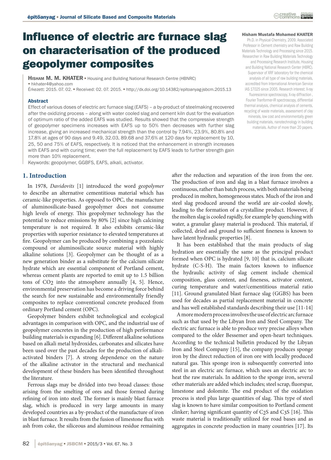 First page of 2015 H. M. Khater Influence of electric arc furnace slag on characterisation of the produced geopolymer composites epitoanyag jsbcm.2015.13