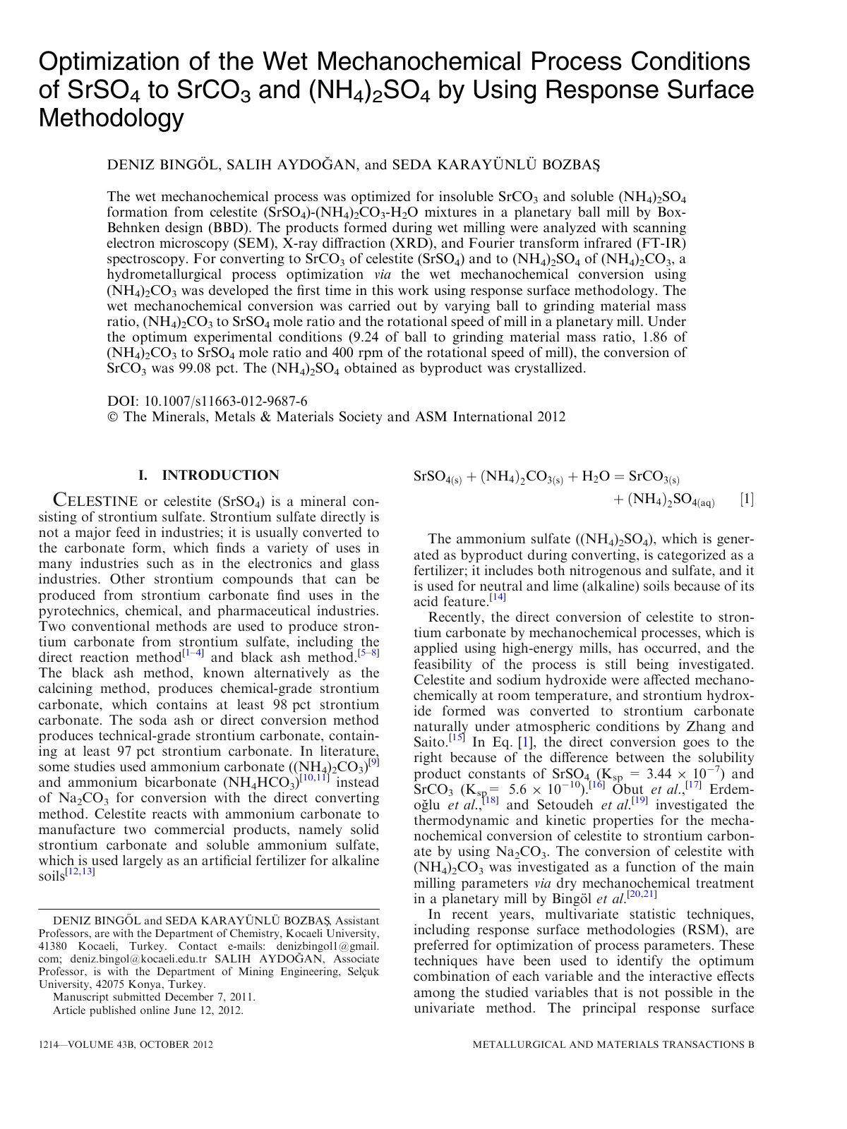 First page of Optimization of the Wet Mechanochemical