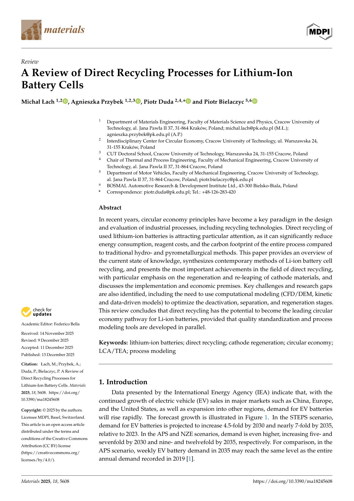 First page of A Review of Direct Recycling Processes for Lithium-Ion Battery Cells