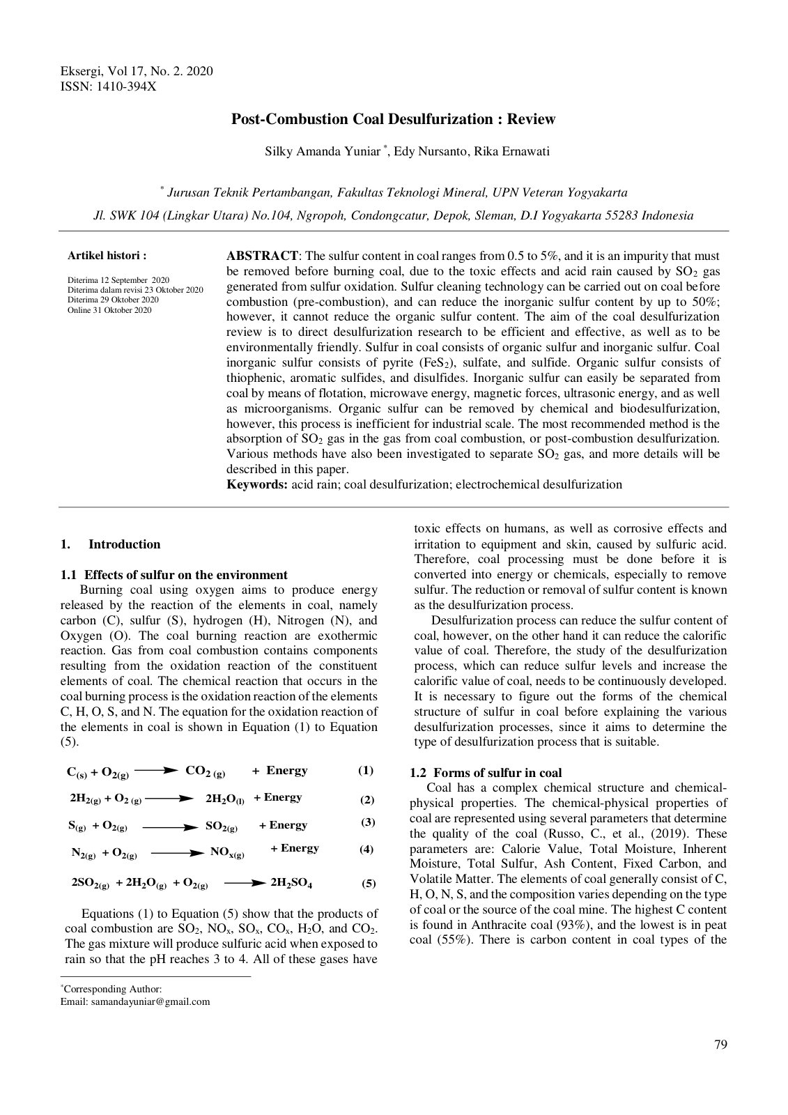 First page of POST COMBUSTION COAL DESULFURIZATION Rev