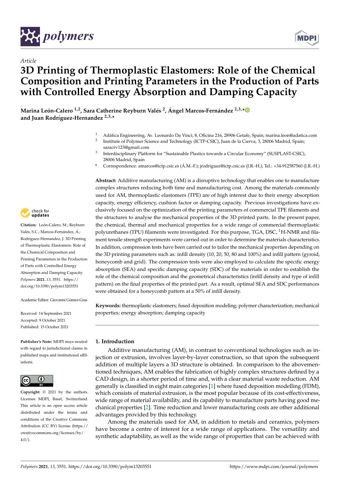 First page of 3D Printing of Thermoplastic Elastomers: Role of the Chemical Composition and Printing Parameters in the Production of Parts with Controlled Energy Absorption and Damping Capacity