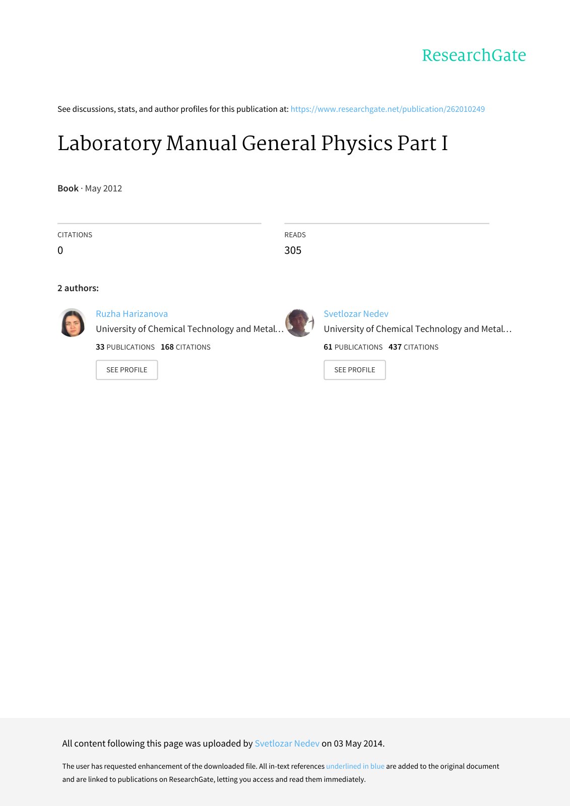 First page of Laboratory Manual General Physics Part I