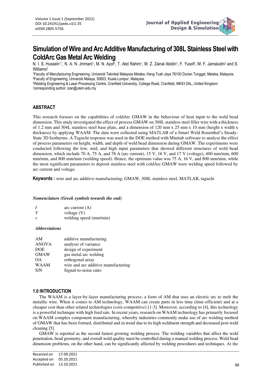 First page of Simulation of Wire and Arc Additive Manufacturing of 308L Stainless Steel with ColdArc Gas Metal Arc Welding