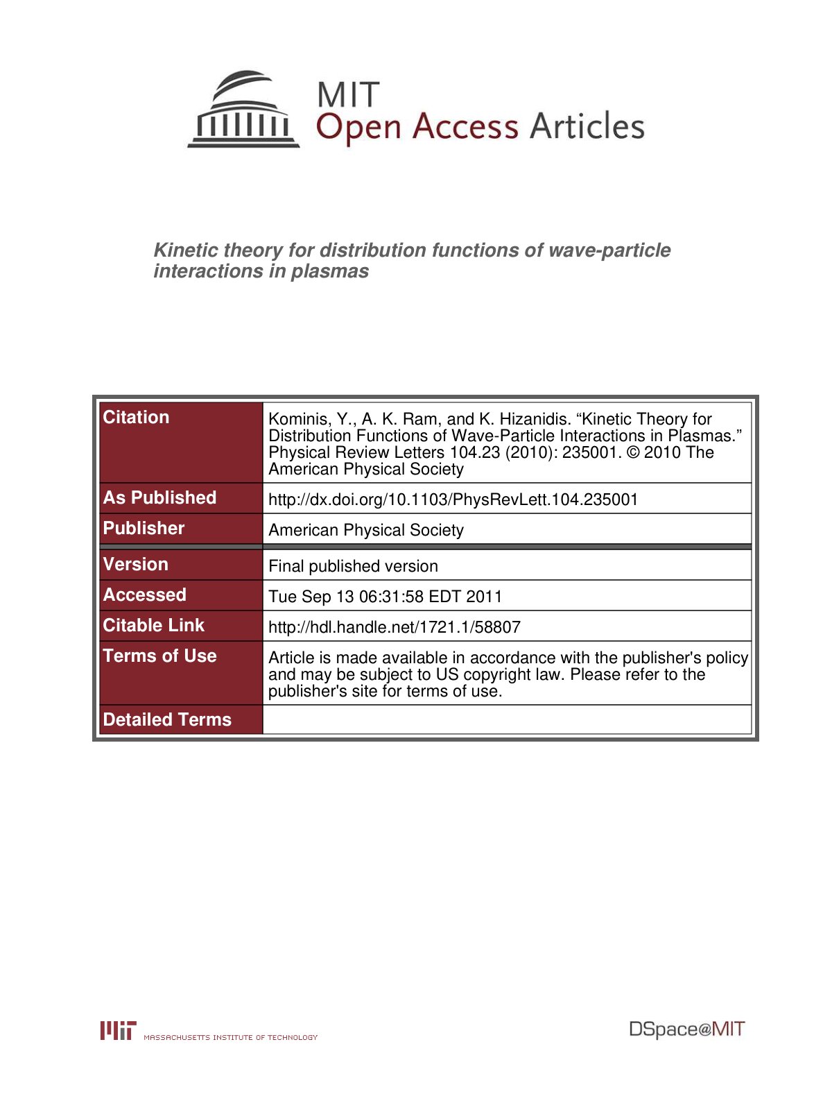 First page of Kinetic Theory for Distribution Function