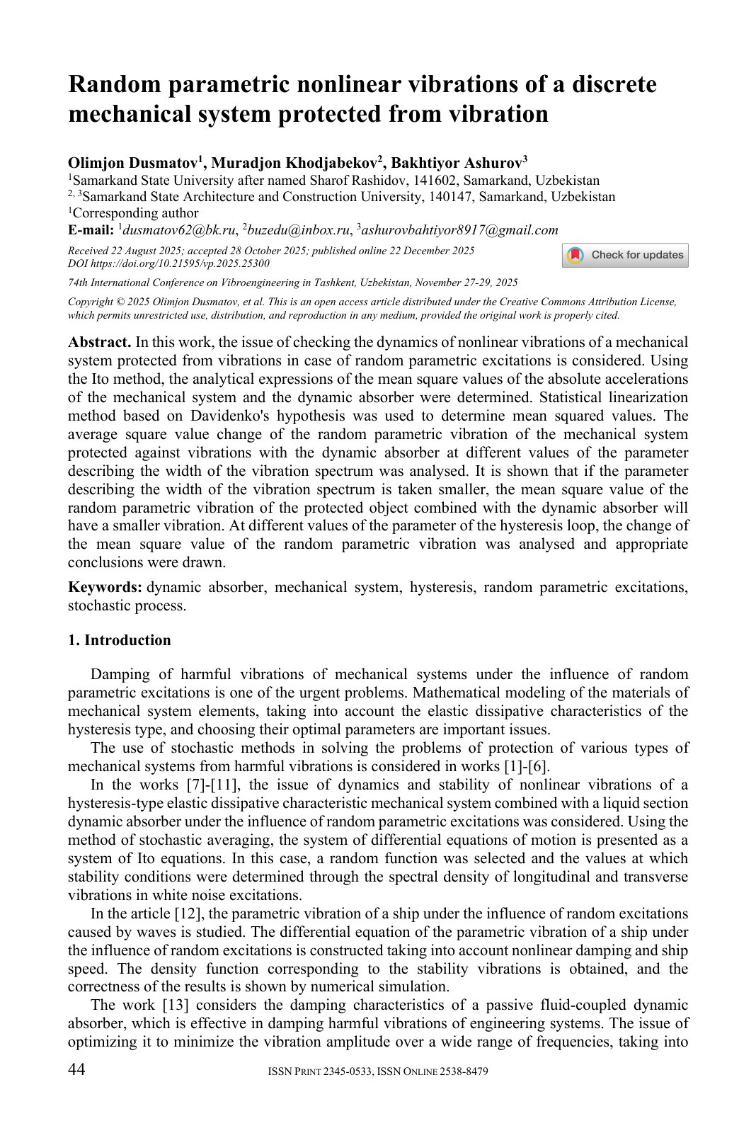 First page of Random parametric nonlinear vibrations of a discre
