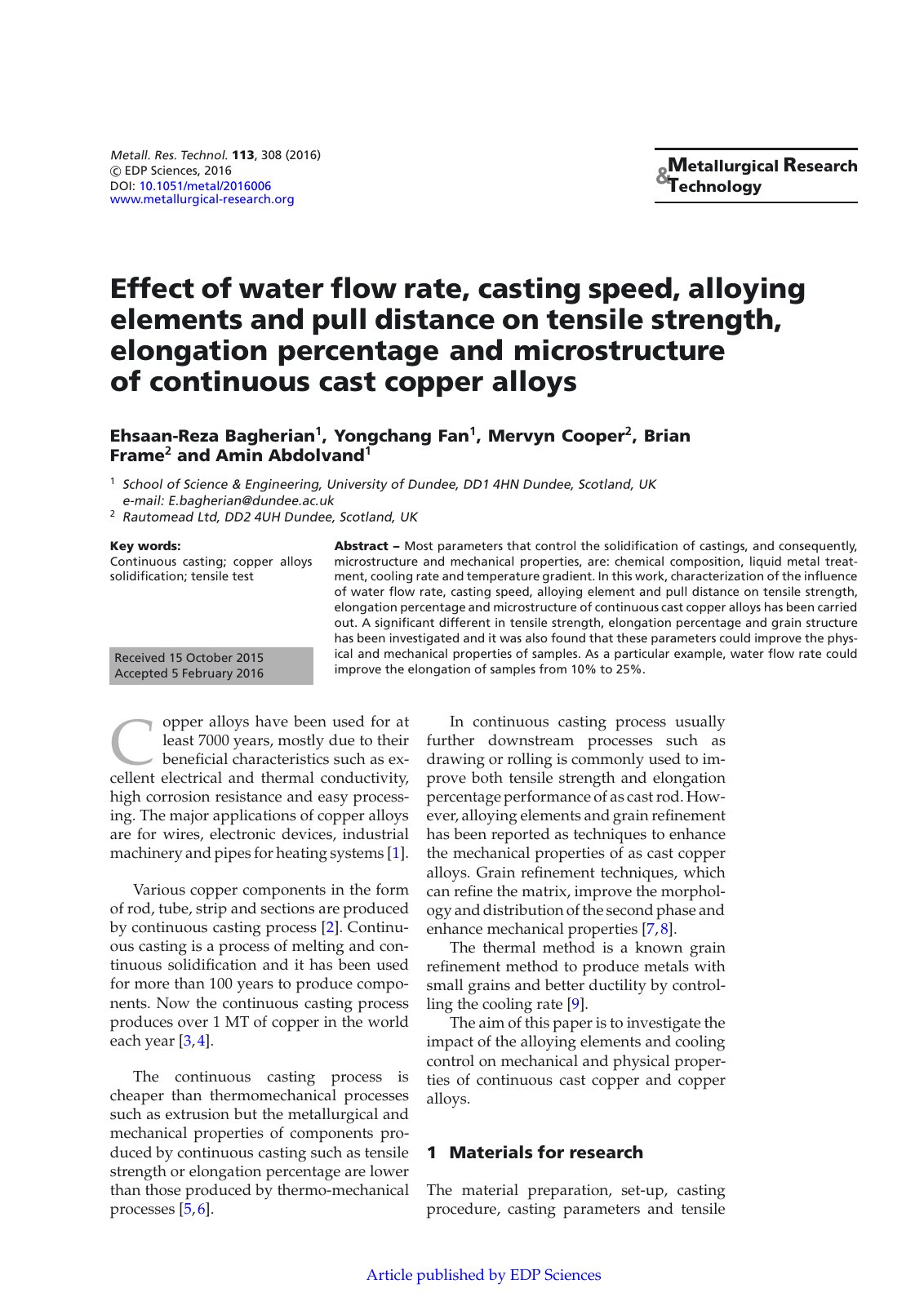 First page of Effect of water flow rate casting speed
