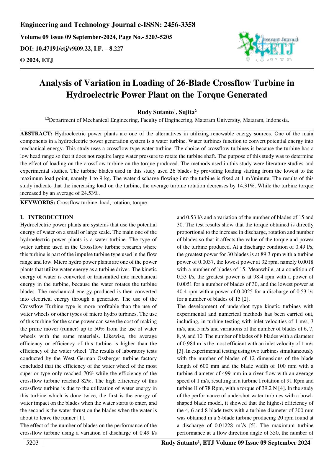 First page of Analysis of Variation in Loading of 26 Blade Crossflow Turbine in 