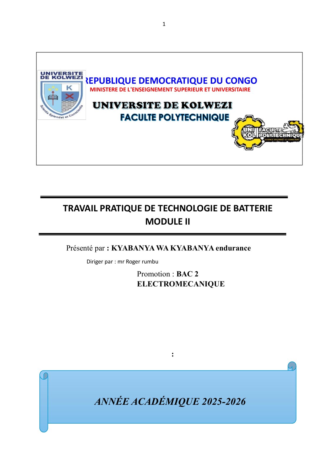 First page of TRAVAIL PRATIQUE DE TECHNOLOGIE DE BATTERIE MODULE II