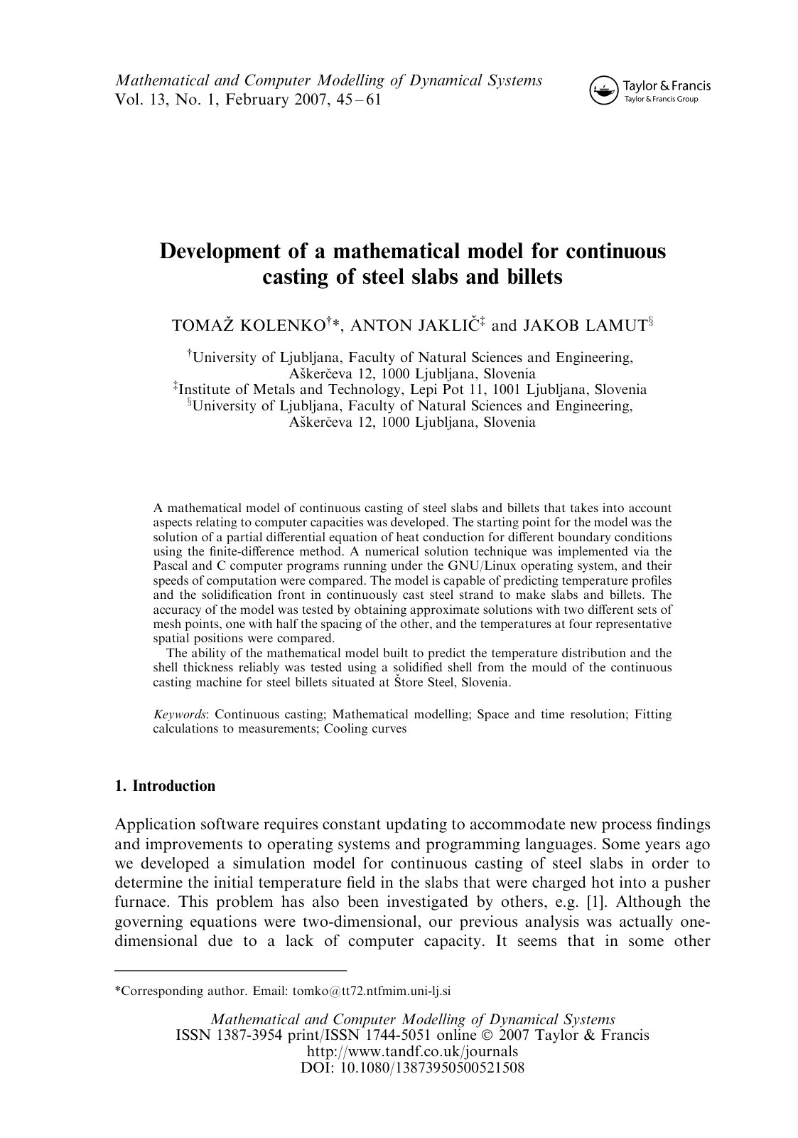 First page of Development of a mathematical model for