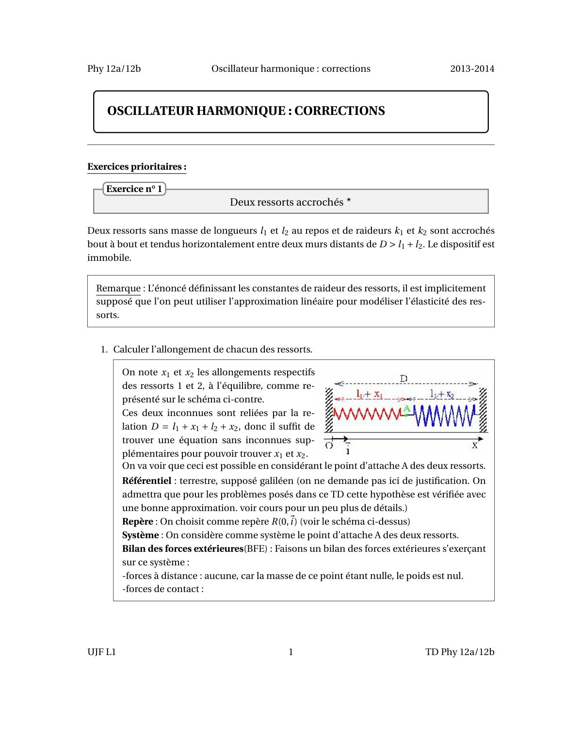 First page of TD3 Oscillations corrige PHY12ab 2014