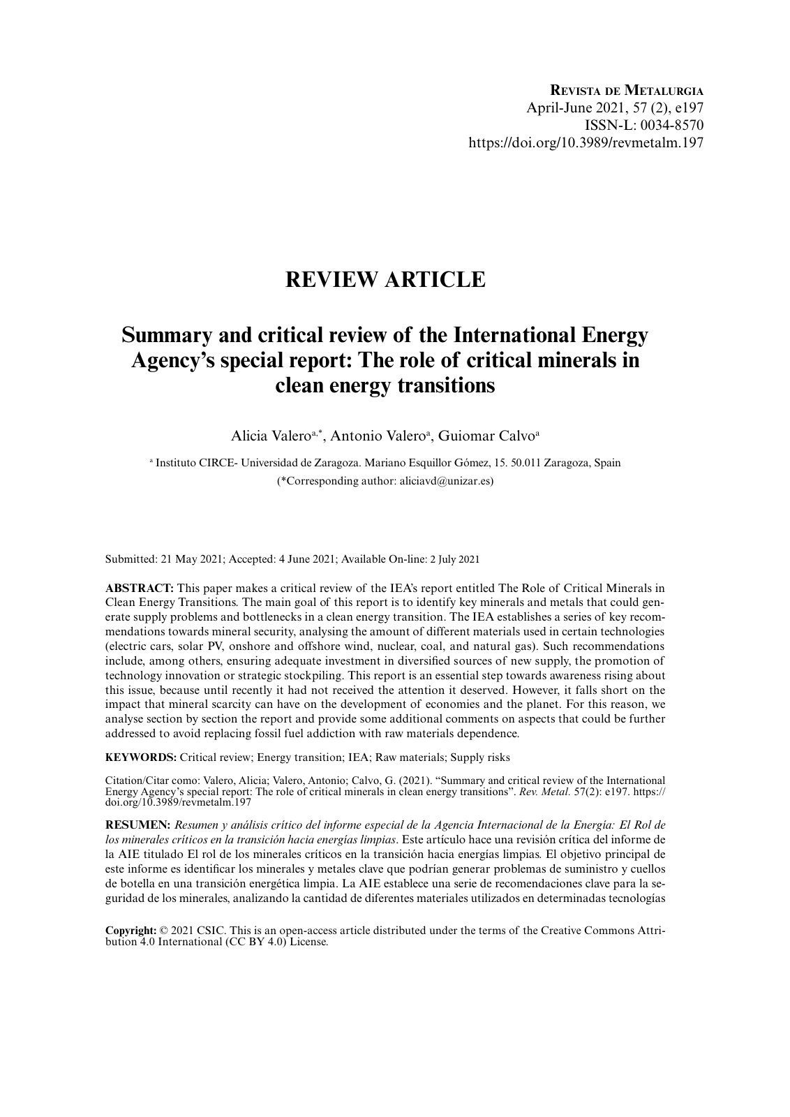 First page of Summary and critical review of the International Energy Agency’s special report: The role of critical minerals in clean energy transitions