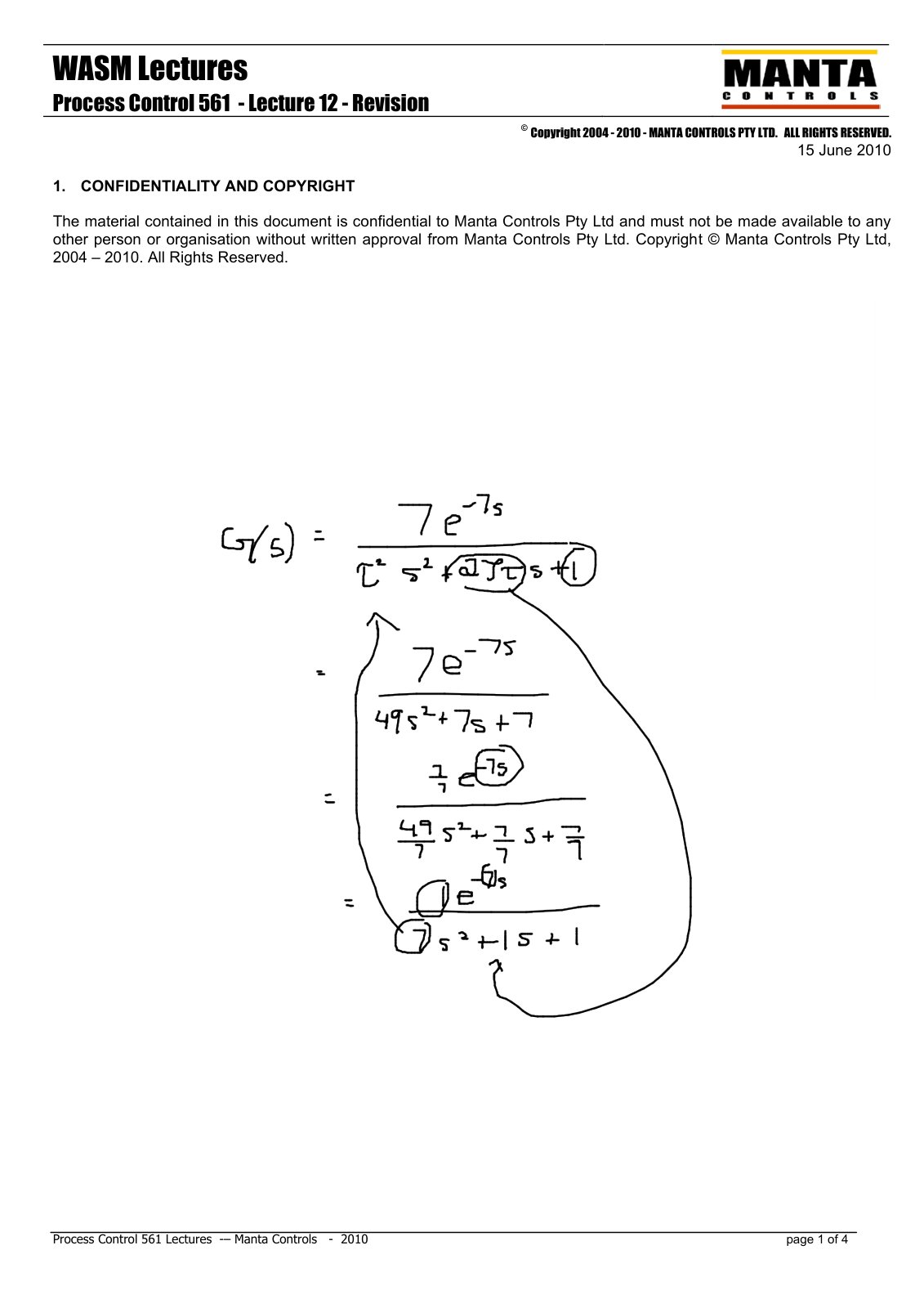 First page of Manta Controls   561   Lecture 12   Revision