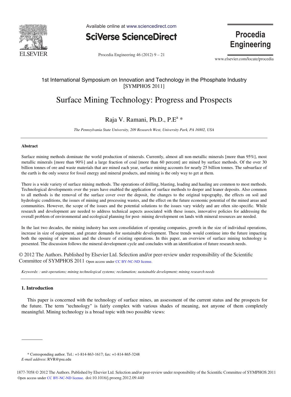 First page of Surface Mining Technology Progress and P