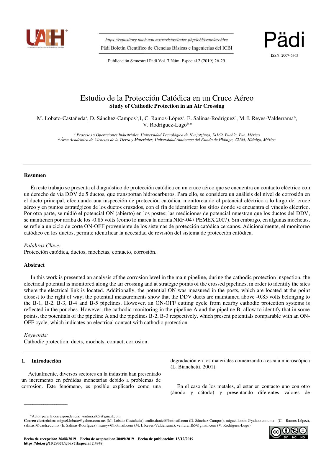First page of Estudio de la Proteccion Catodica en un