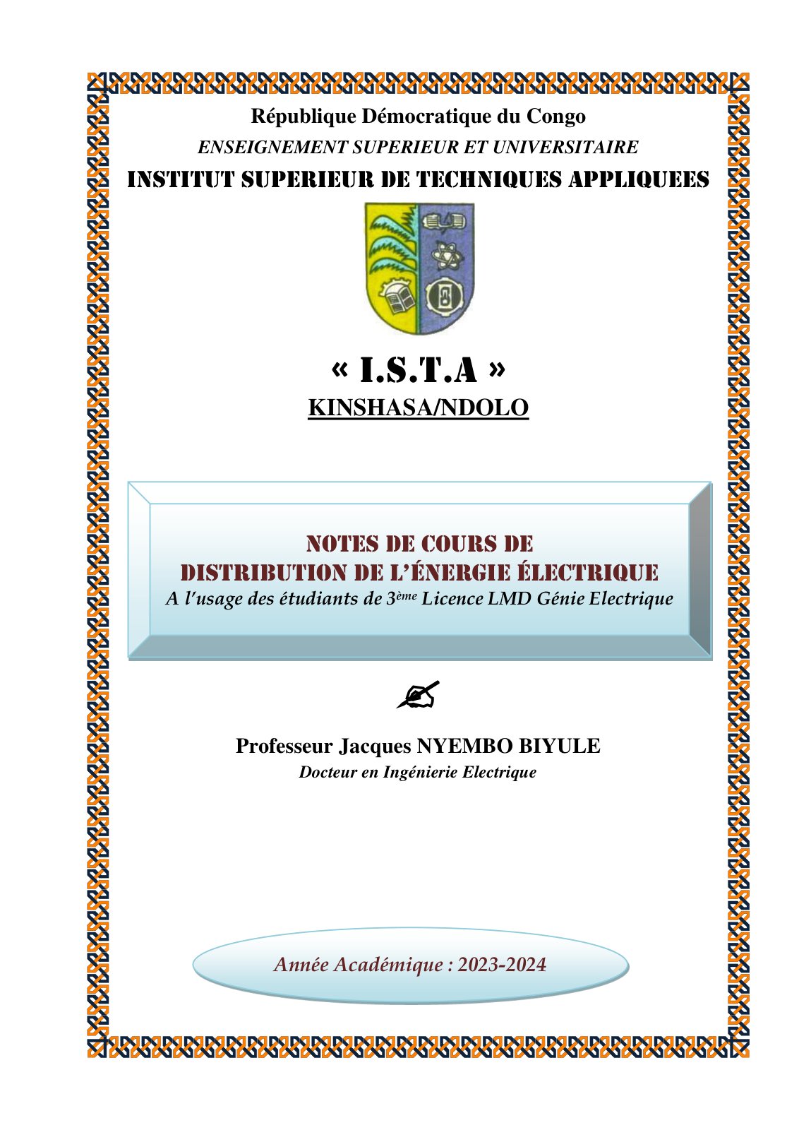 First page of COURS DISTRIBUTION DE L ENERGIE ELECTRIQUE L3 ETR C 2023 2024