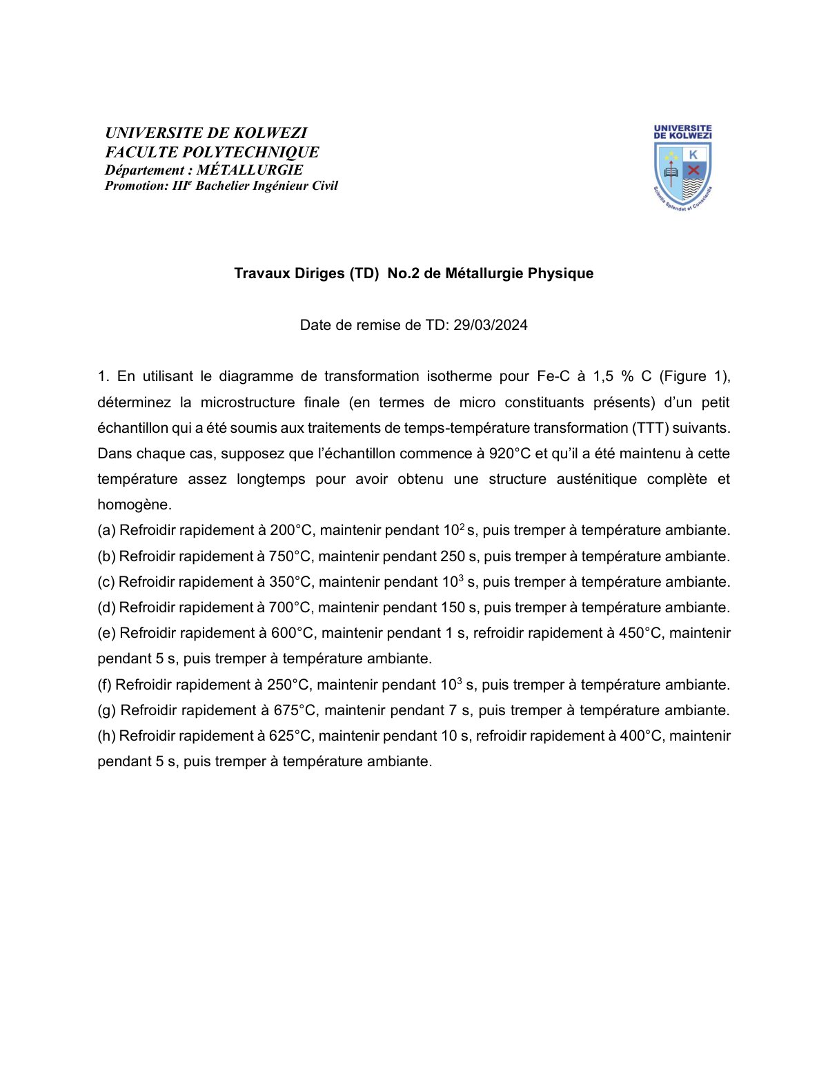 First page of Travaux Diriges TD No 2