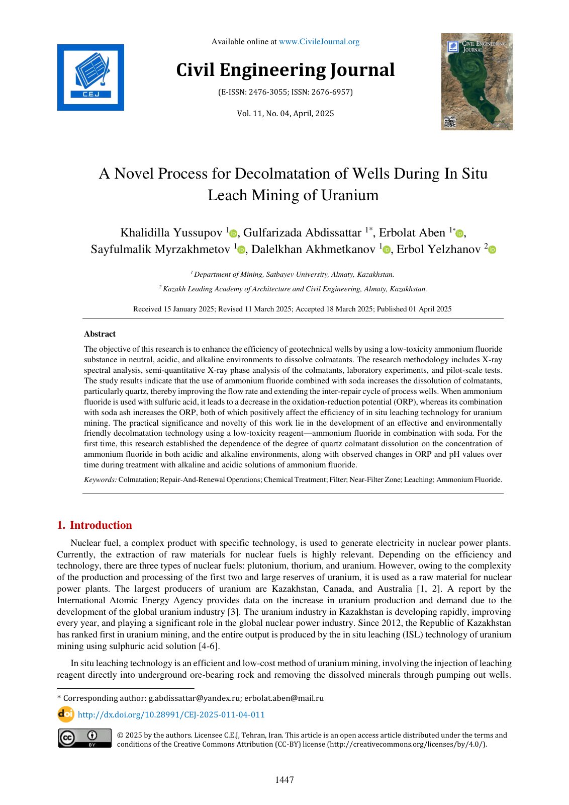 First page of A Novel Process for Decolmatation of Wells During In Situ Leach Mining of Uranium