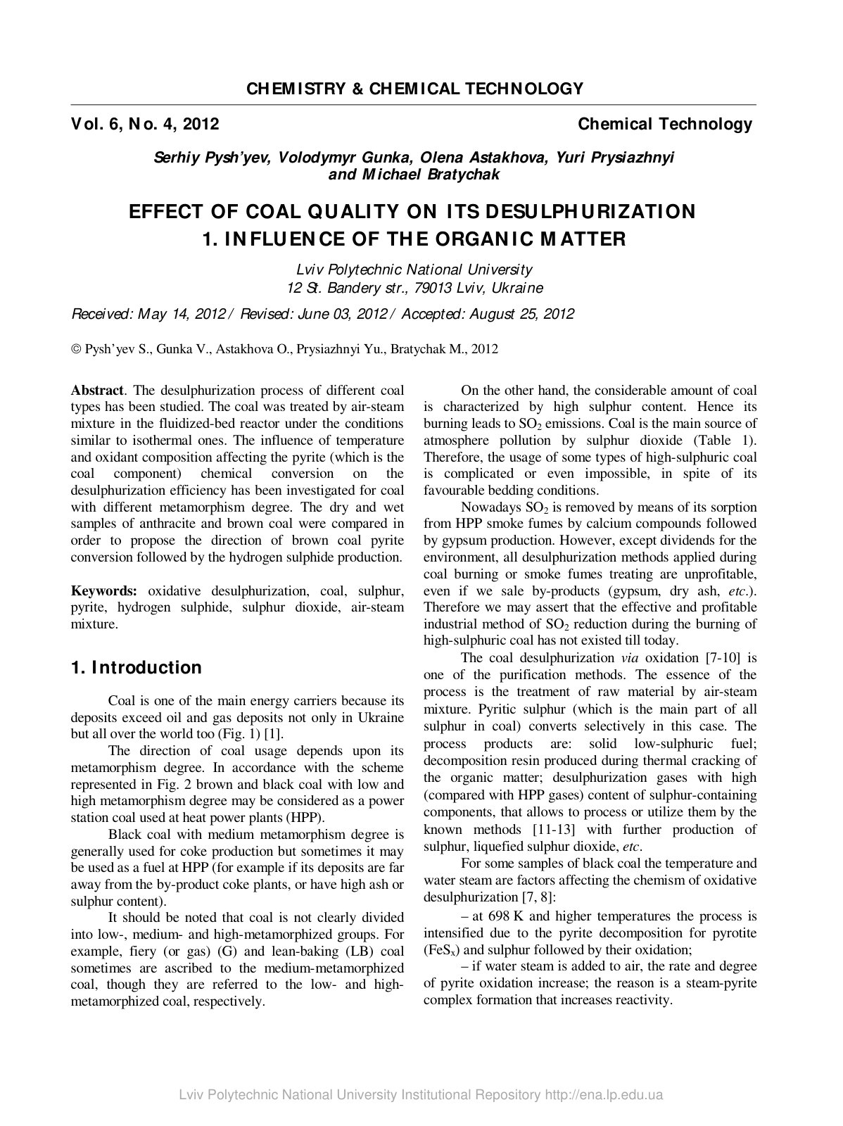 First page of Effect of Coal Quality on its Desulphuri