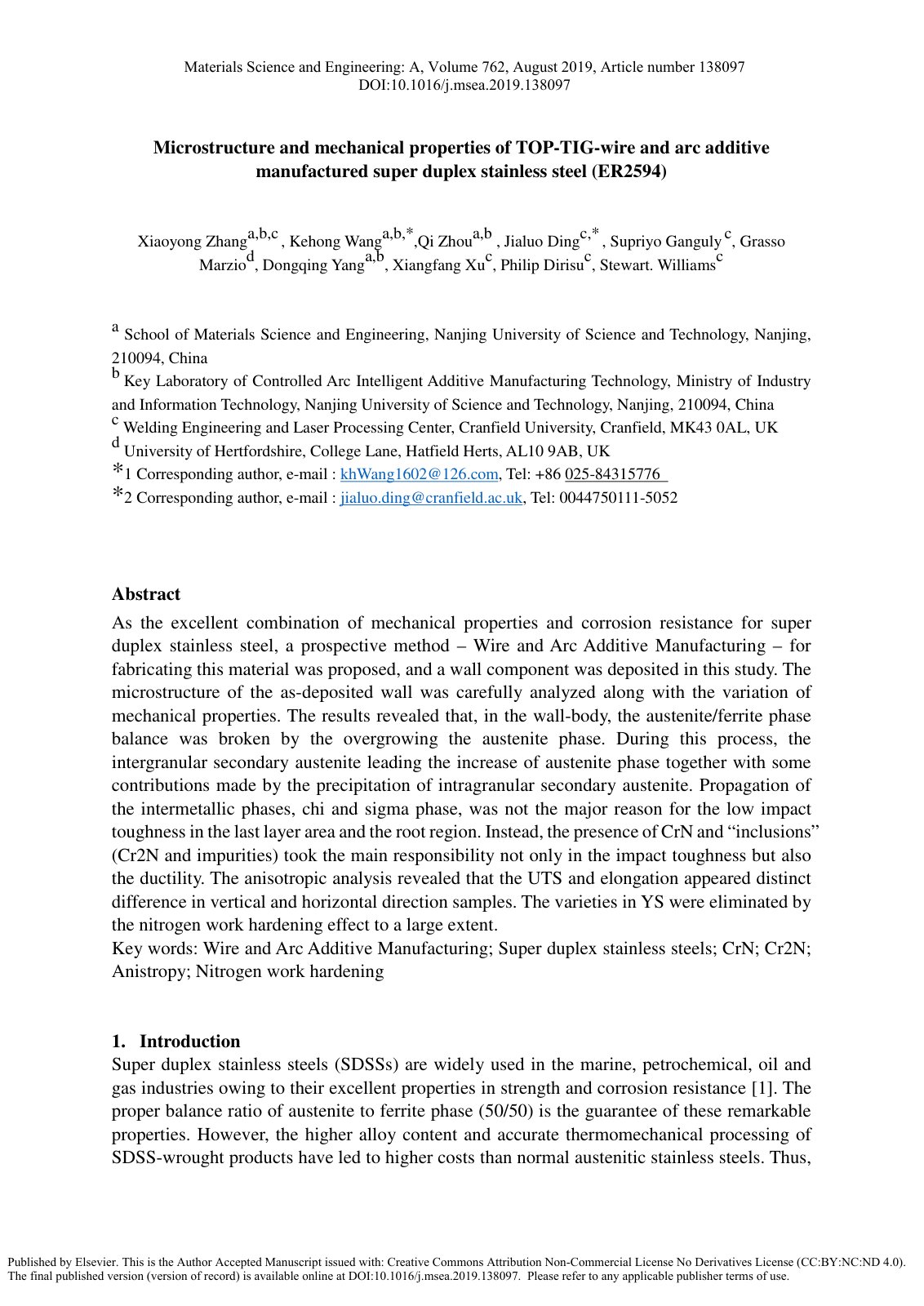 First page of Microstructure and mechanical properties of TOP-TIG-wire and arc additive manufactured super duplex stainless steel (ER2594)