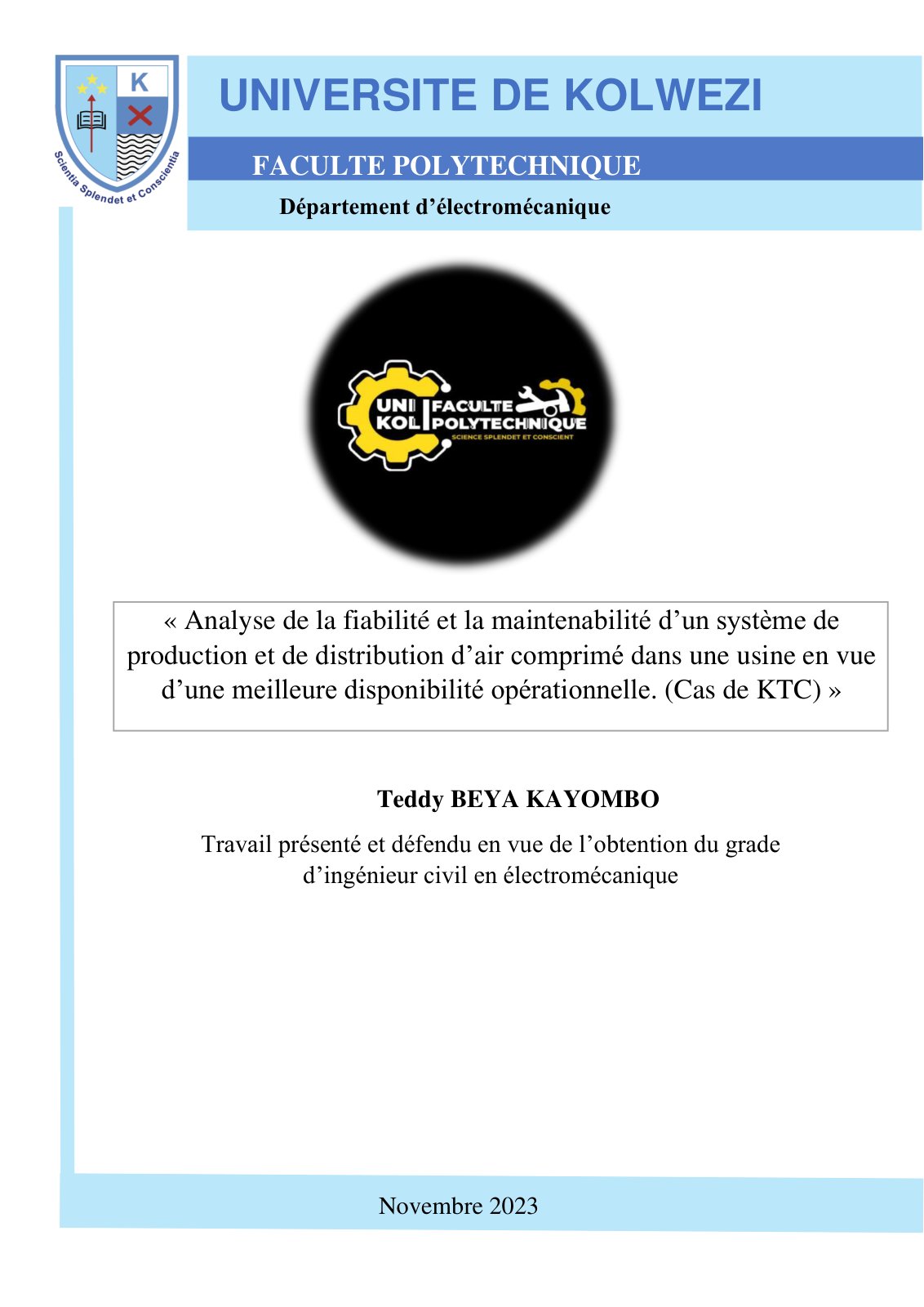 First page of Analyse de la fiabilité et la maintenabilité d’un système de production et de distribution d’air comprimé dans une usine en vue d’une meilleure disponibilité opérationnelle. (Cas de KTC)
