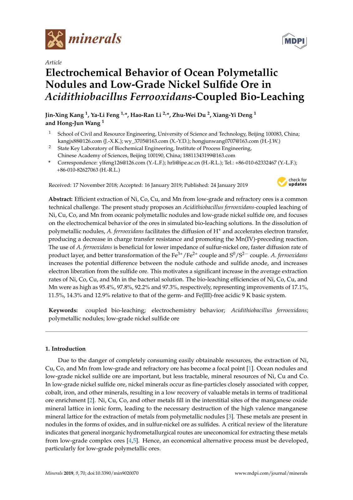 First page of 2019   Kang   Electrochemical Behavior of Ocean Polymetallic Nodules and Low Grade Nickel