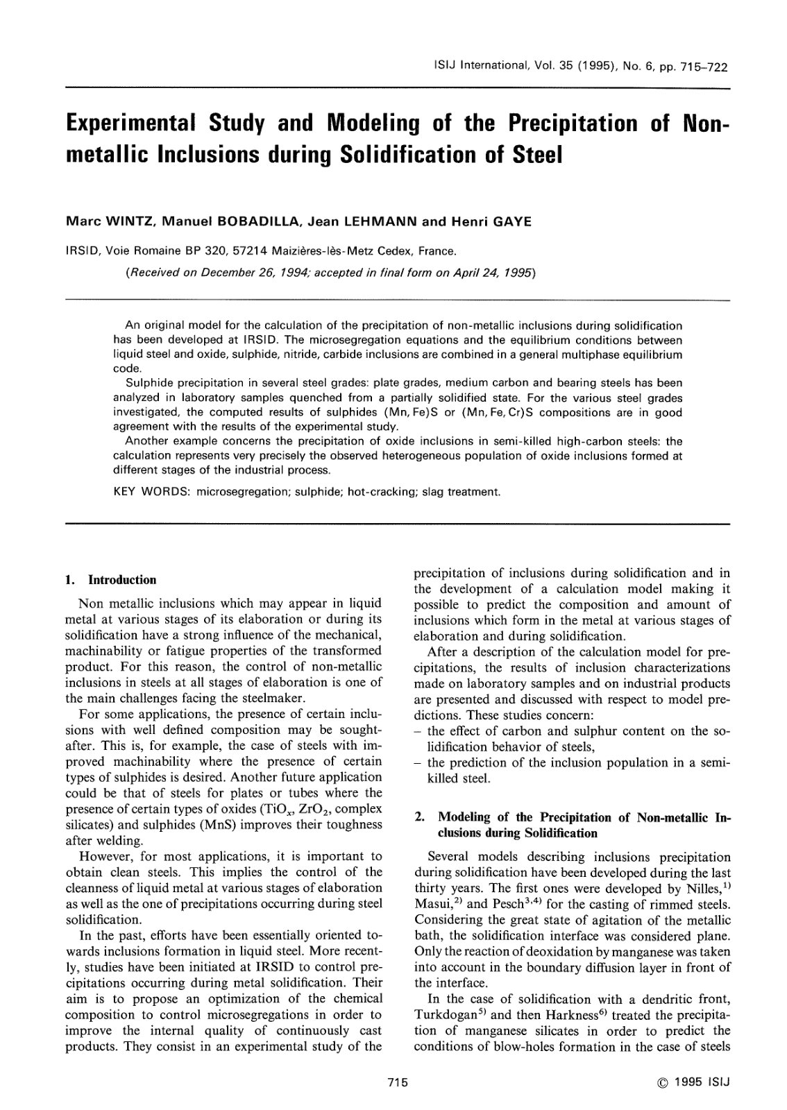 First page of Experimental Study and Modeling of the P