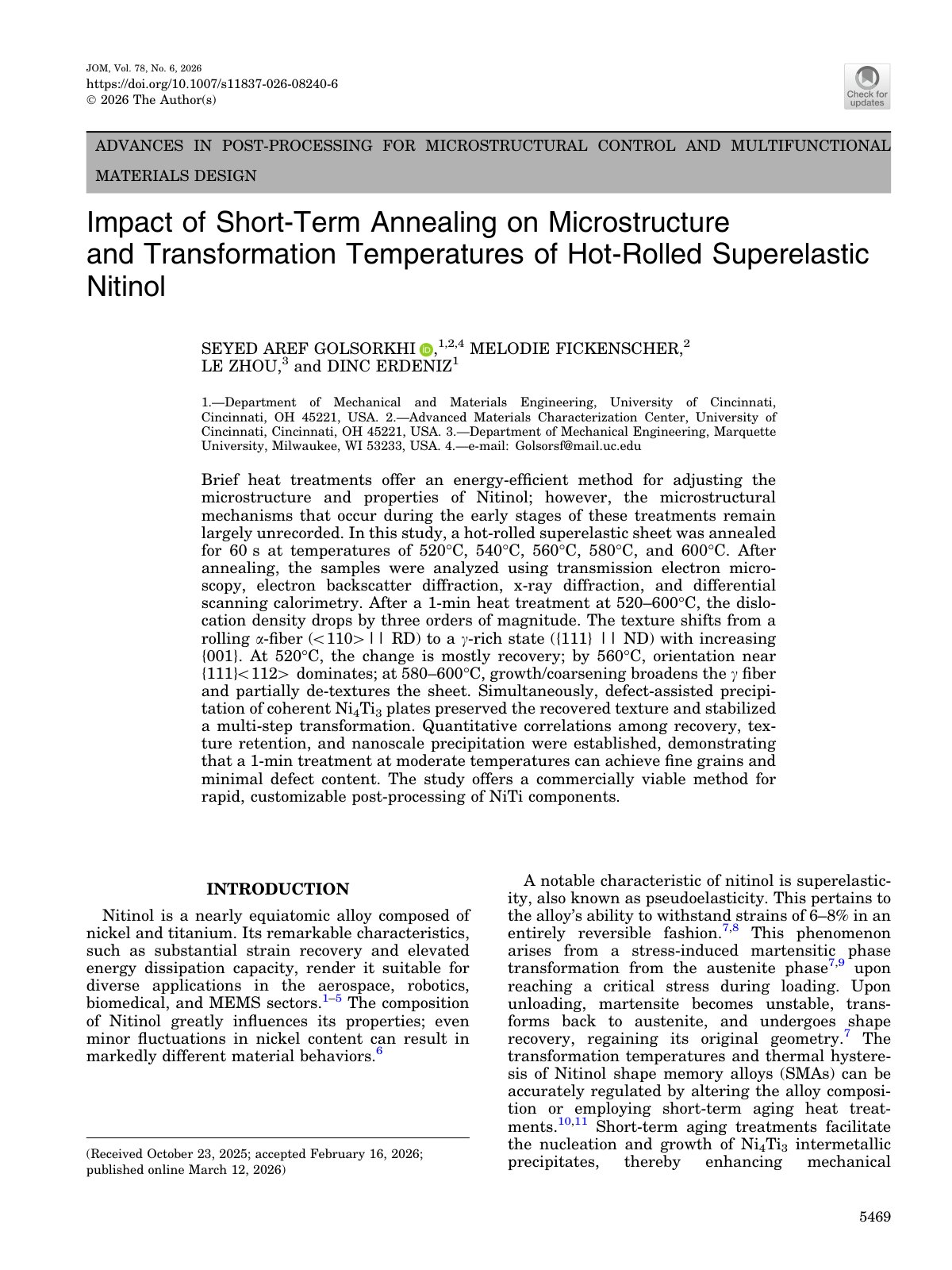 First page of Impact of Short-Term Annealing on Microstructure and Transformation Temperatures of Hot-Rolled Superelastic Nitinol