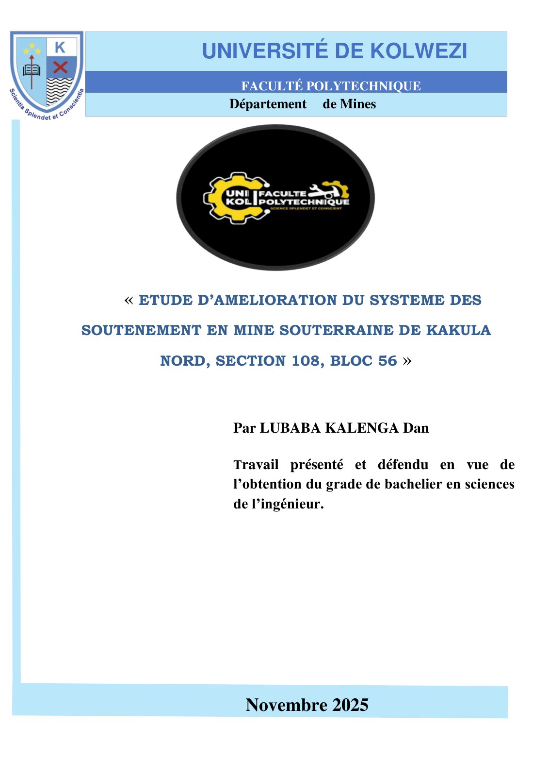 First page of ETUDE D’AMELIORATION DU SYSTEME DES SOUTENEMENT EN MINE SOUTERRAINE DE KAKULA NORD, SECTION 108, BLOC 56