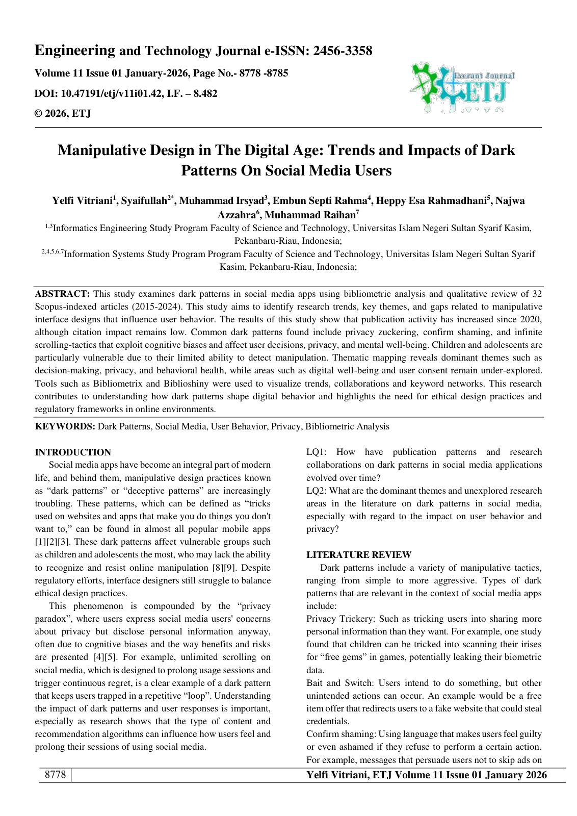 First page of Manipulative Design in The Digital Age: Trends and Impacts of Dark  Patterns On Social Media Users  