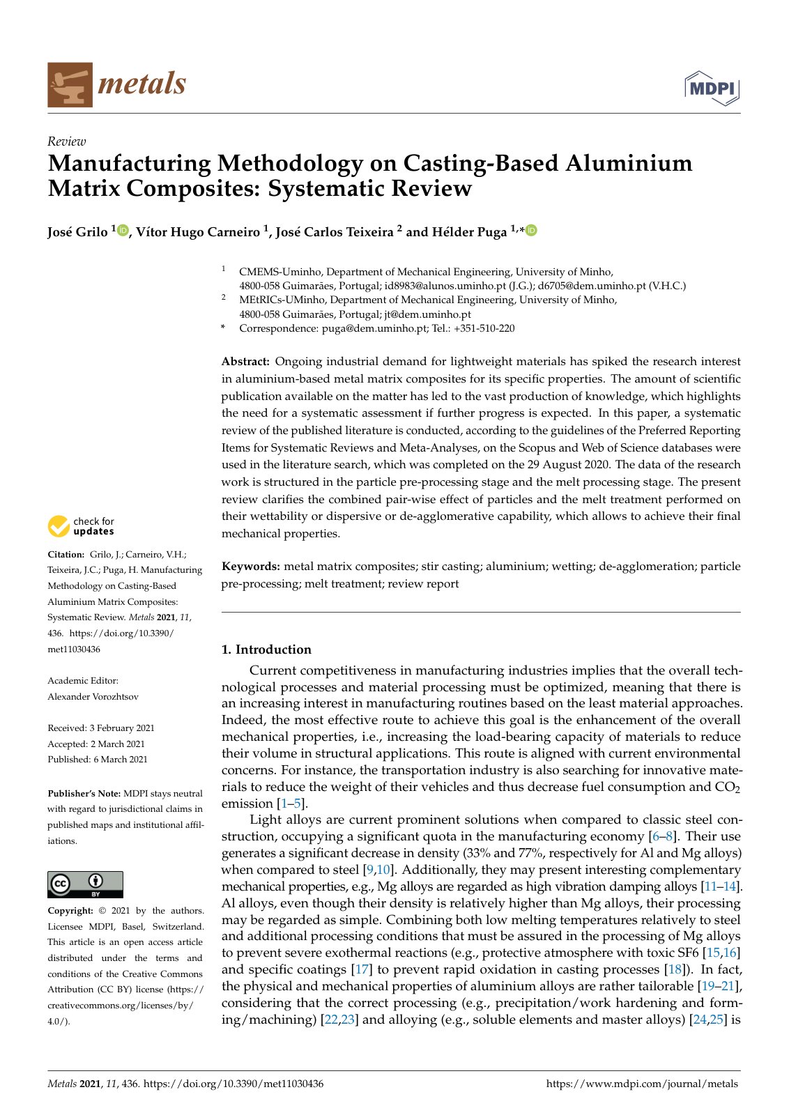First page of Manufacturing Methodology on Casting-Based Aluminium Matrix Composites: Systematic Review