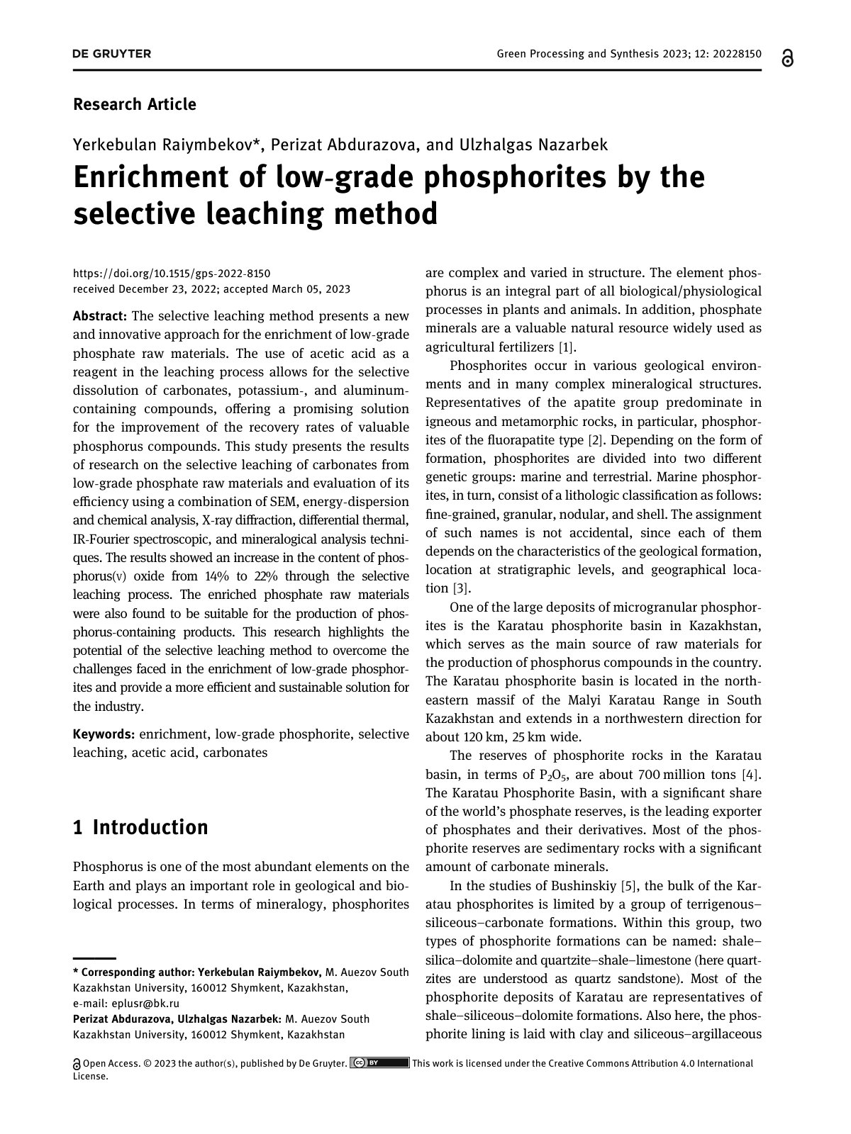 First page of Enrichment of low grade phosphorites by