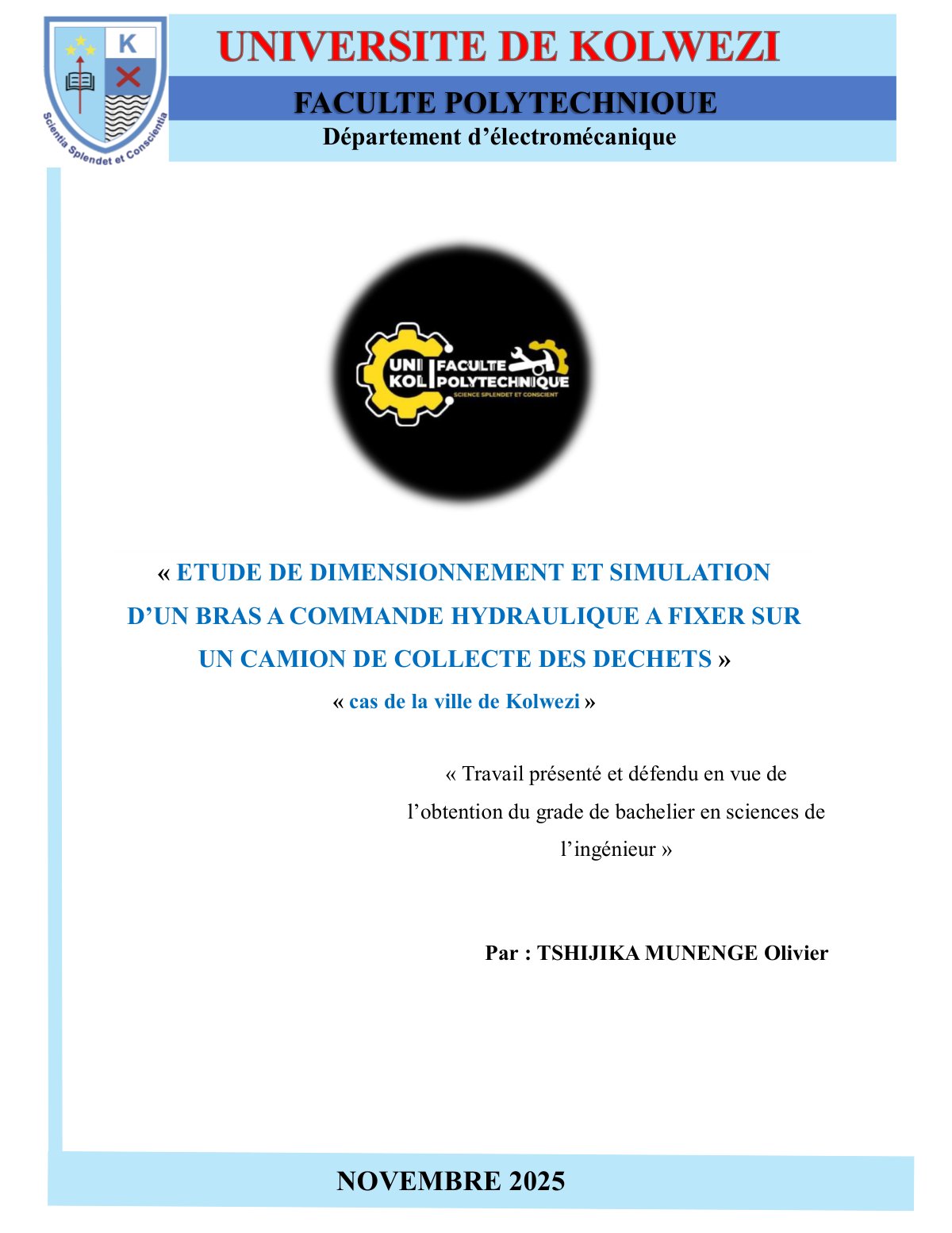 First page of ETUDE DE DIMENSIONNEMENT ET SIMULATION D’UN BRAS A COMMANDE HYDRAULIQUE A FIXER SUR UN CAMION DE COLLECTE DES DECHETS