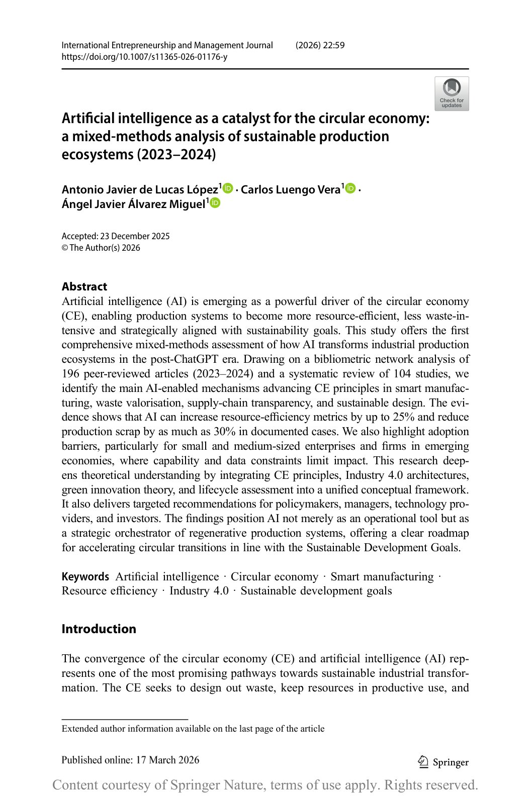 First page of Artificial intelligence as a catalyst for the circ