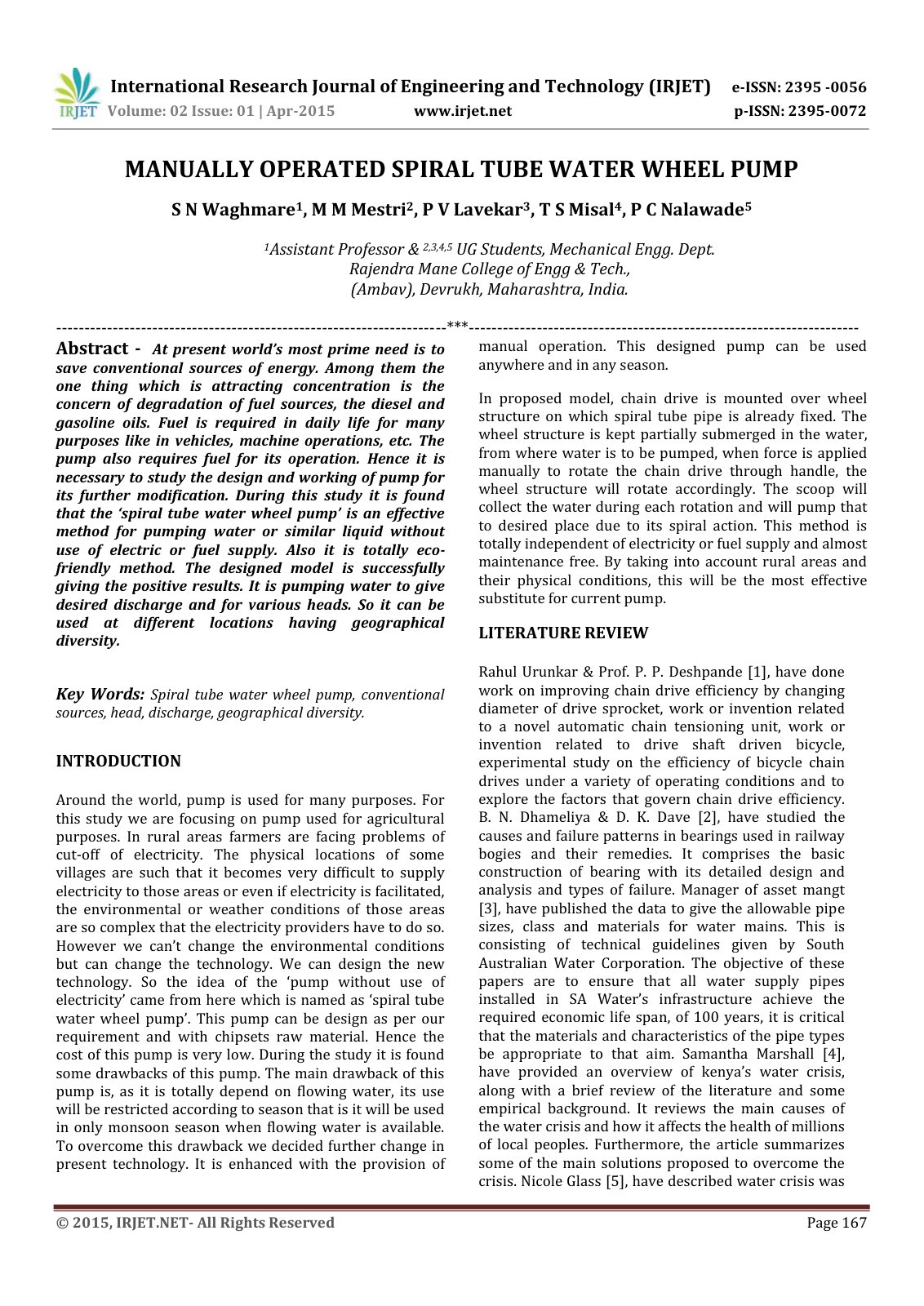 First page of Manually Operated Spiral Tube Water Wheel Pump