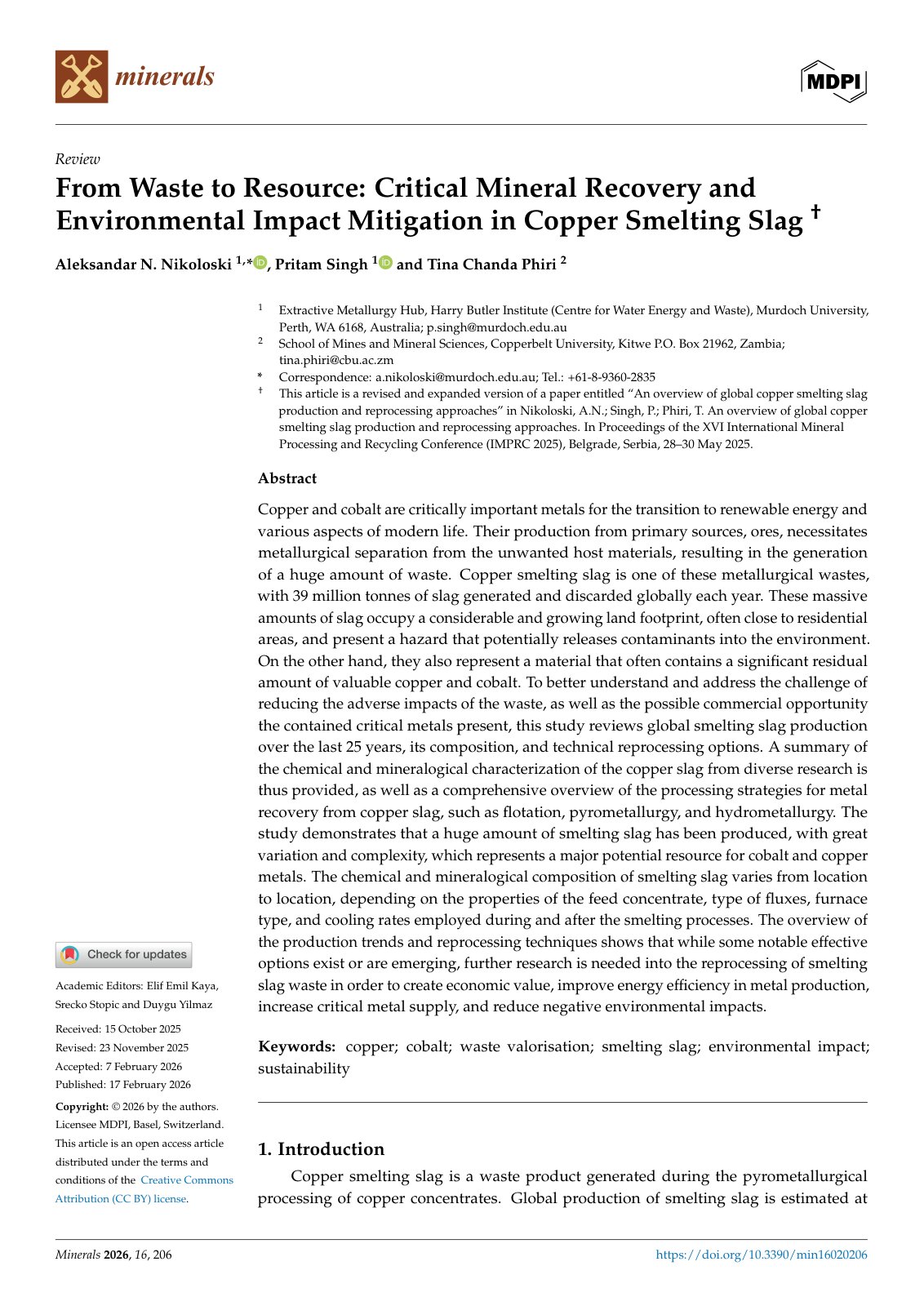 First page of From Waste to Resource: Critical Mineral Recovery and Environmental Impact Mitigation in Copper Smelting Slag