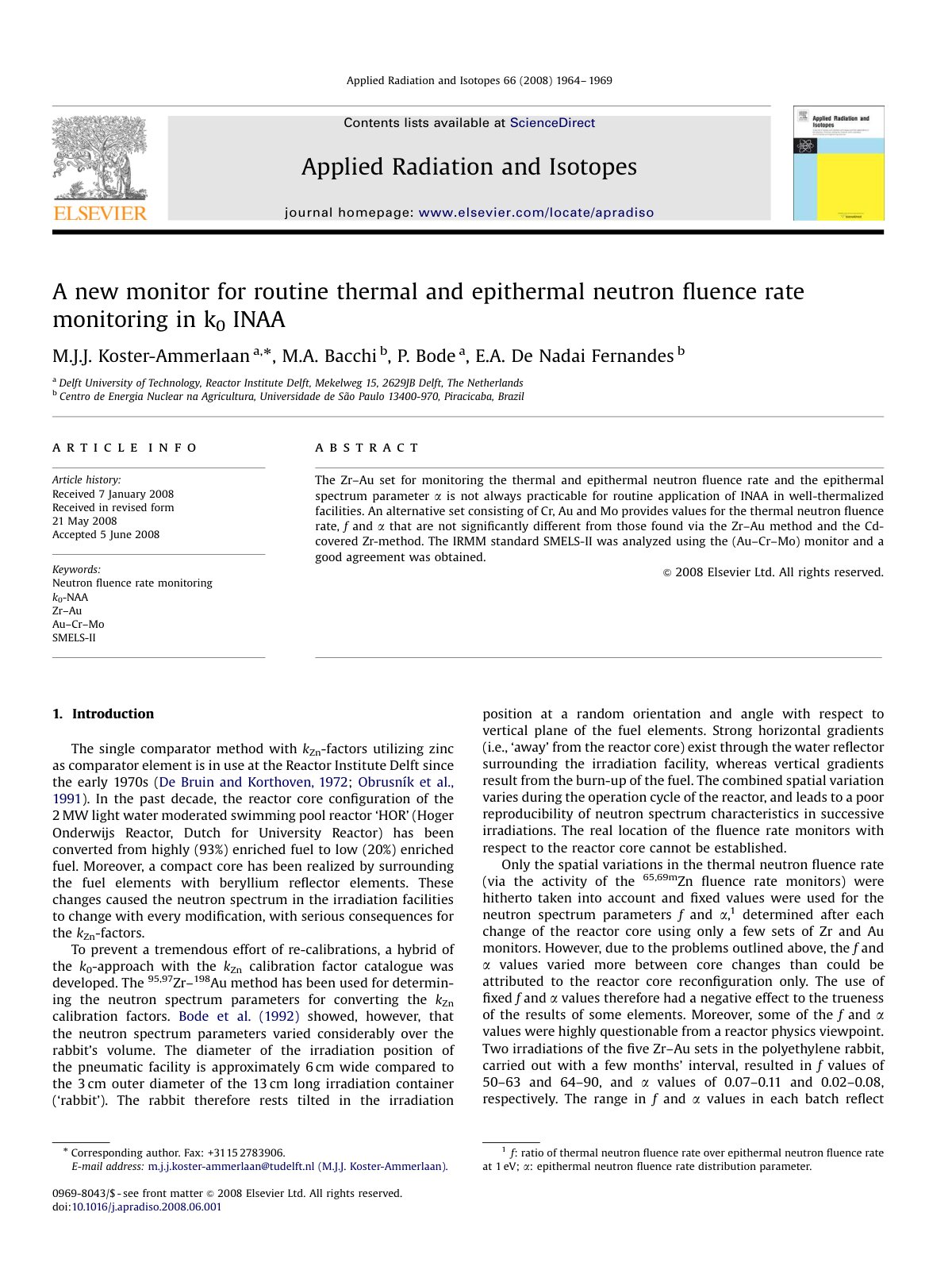 First page of A new monitor for routine thermal and epithermal neutron ﬂuence rate monitoring in k0 INAA