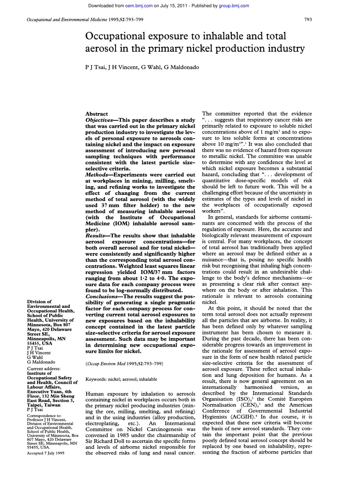 First page of Occupational exposure to inhalable and total aerosol in the primary nickel production industry
